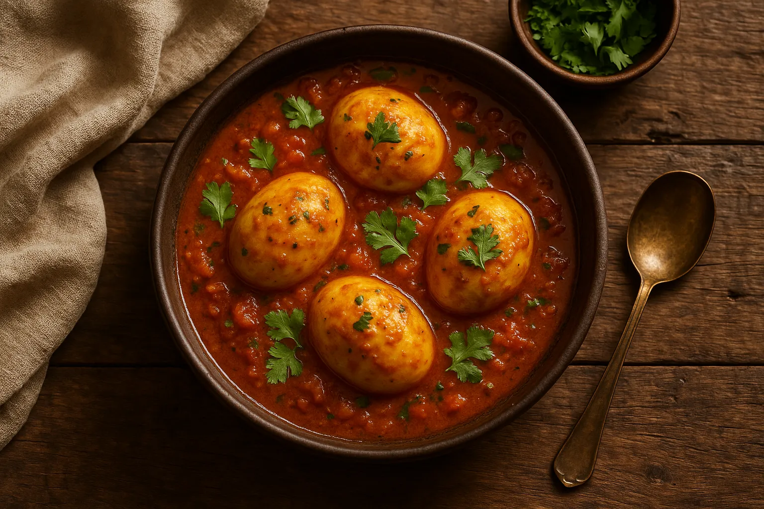 Curry de huevo fresco sobre mesa rústica de madera - 250 calorías por porción