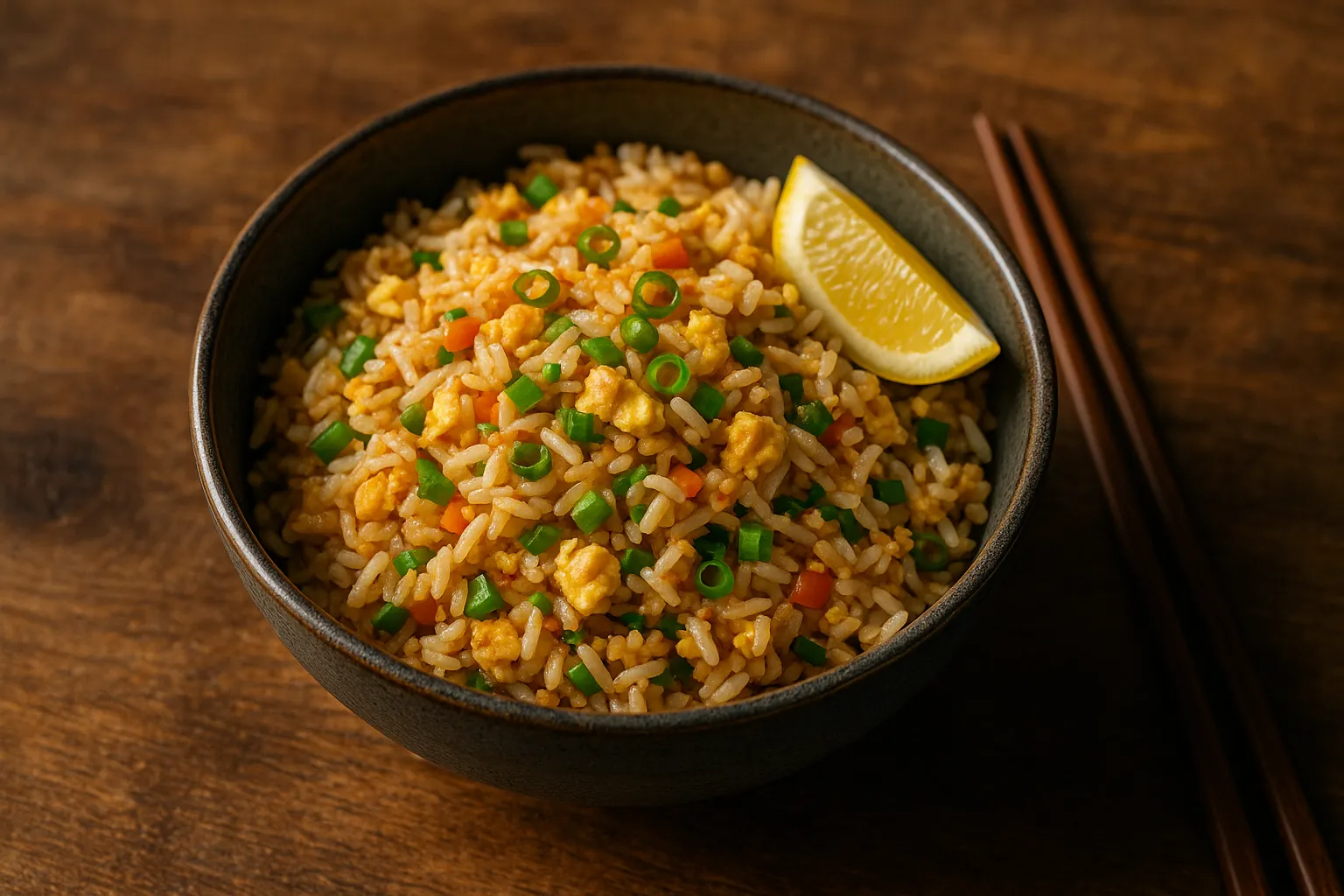 Riz frit aux œufs frais sur table en bois rustique - 238 calories par tasse
