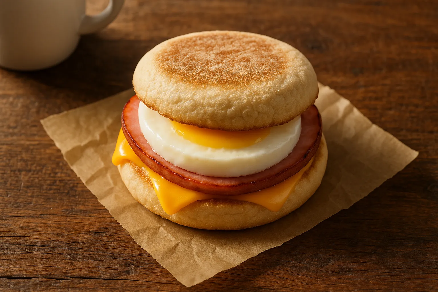 Sándwich dorado de desayuno Egg McMuffin de McDonald's en mesa de madera rústica - 298 calorías por sándwich