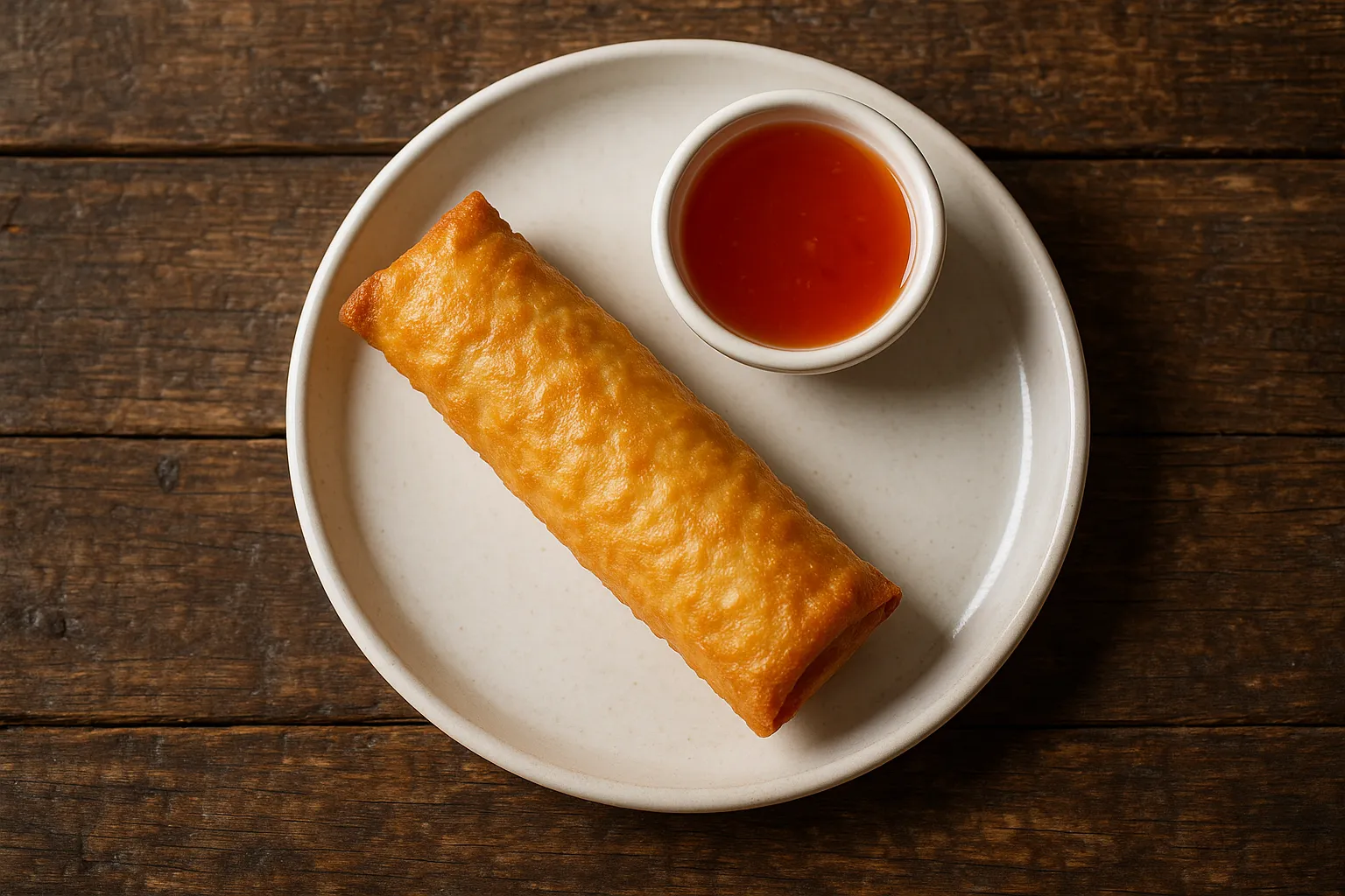 Rollo de huevo dorado en plato cerámico blanco con salsa - 210 calorías por rollo mediano