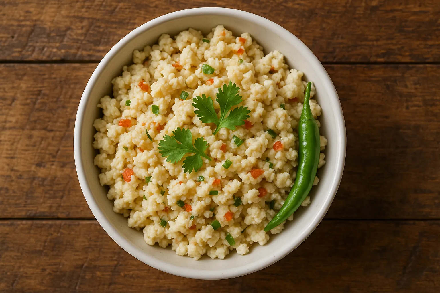 Fresh Bhurji de Claras de Huevo in a white ceramic bowl on rustic wooden table - 47 calories per 100g