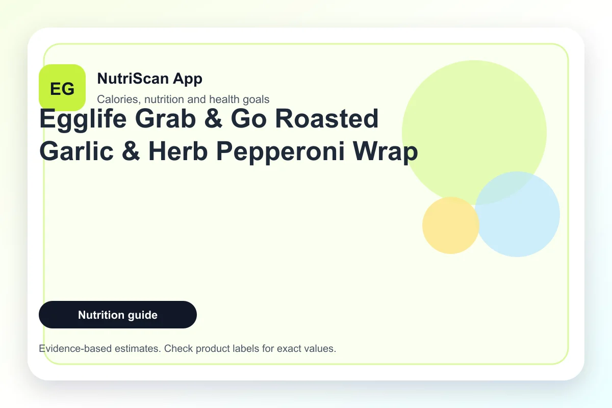 Egglife Grab & Go Roasted Garlic & Herb Pepperoni Wrap displayed on a wooden board with fresh herbs and garlic cloves, soft natural daylight