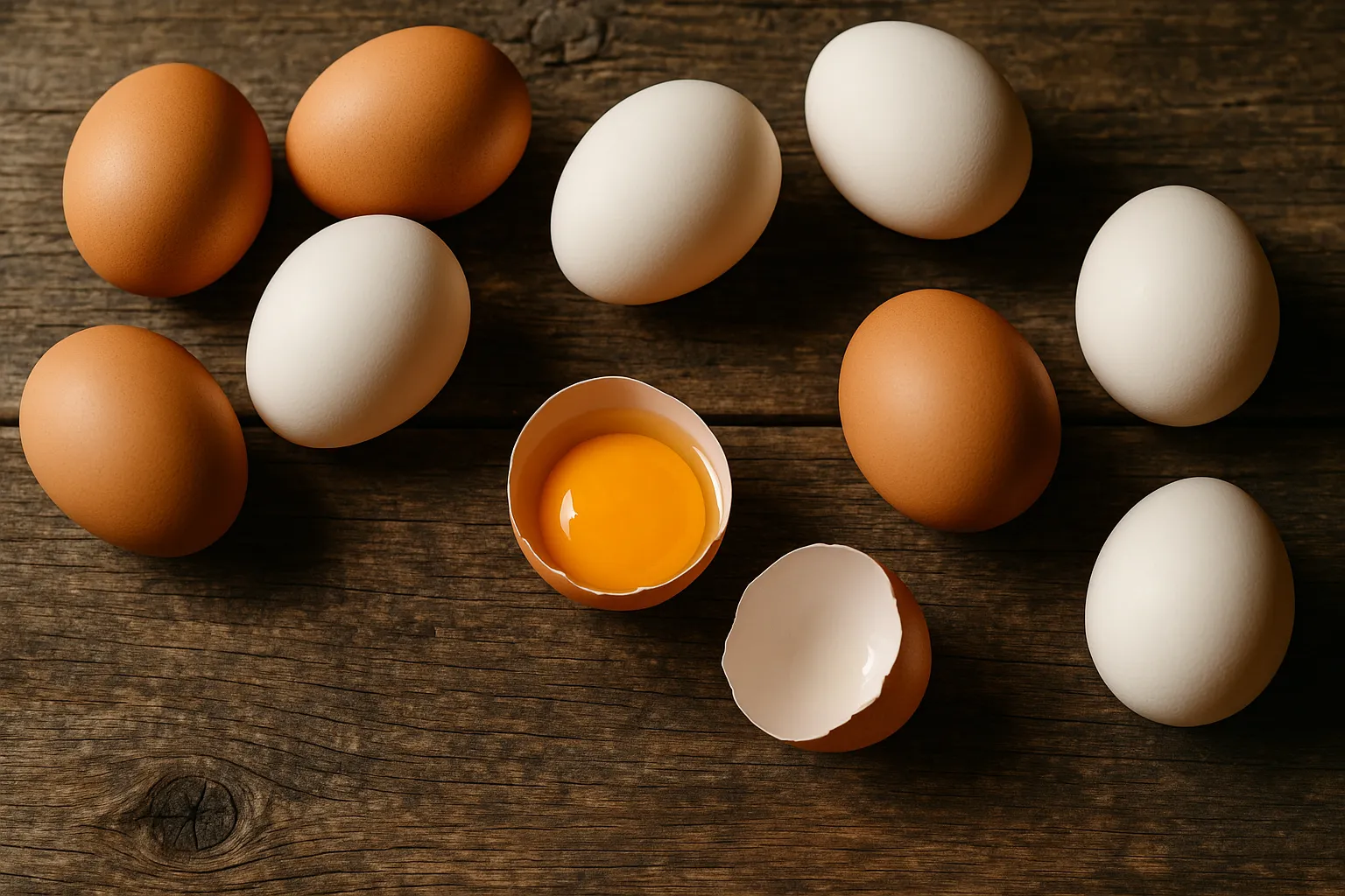 Huevos frescos sobre mesa rústica de madera - 70 calorías por huevo grande