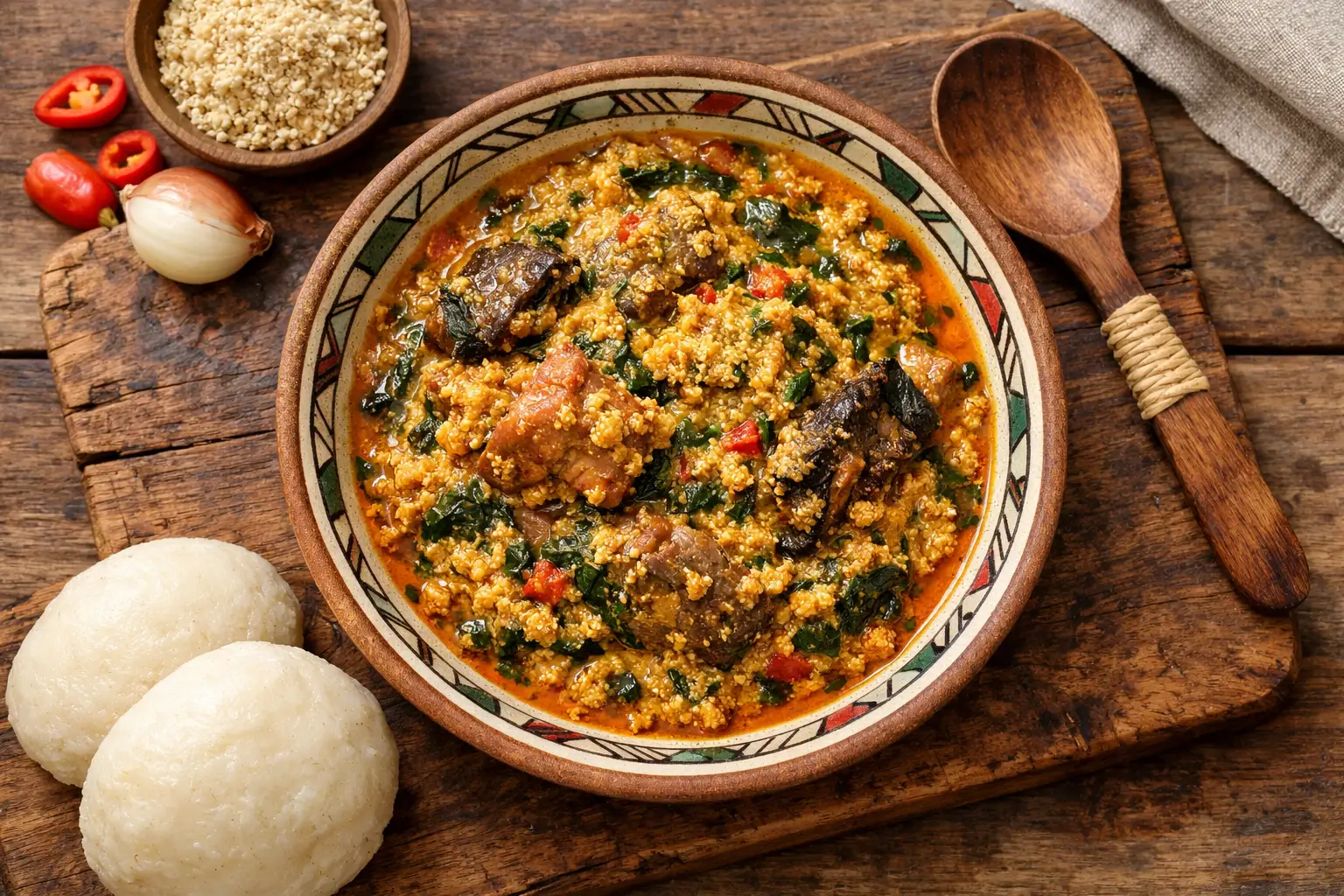 Fresh Egusi Soup in traditional bowl - 182 calories per 100g serving