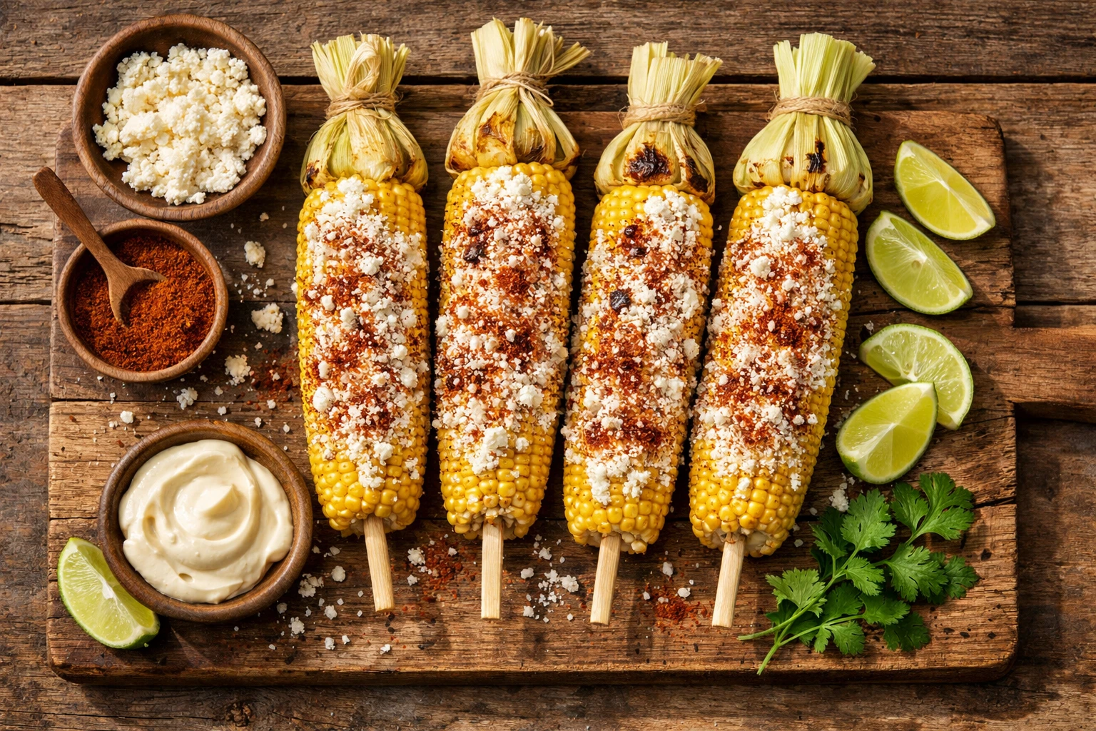 Fresh elotes mexican street corn on rustic wooden table - 210 calories per ear