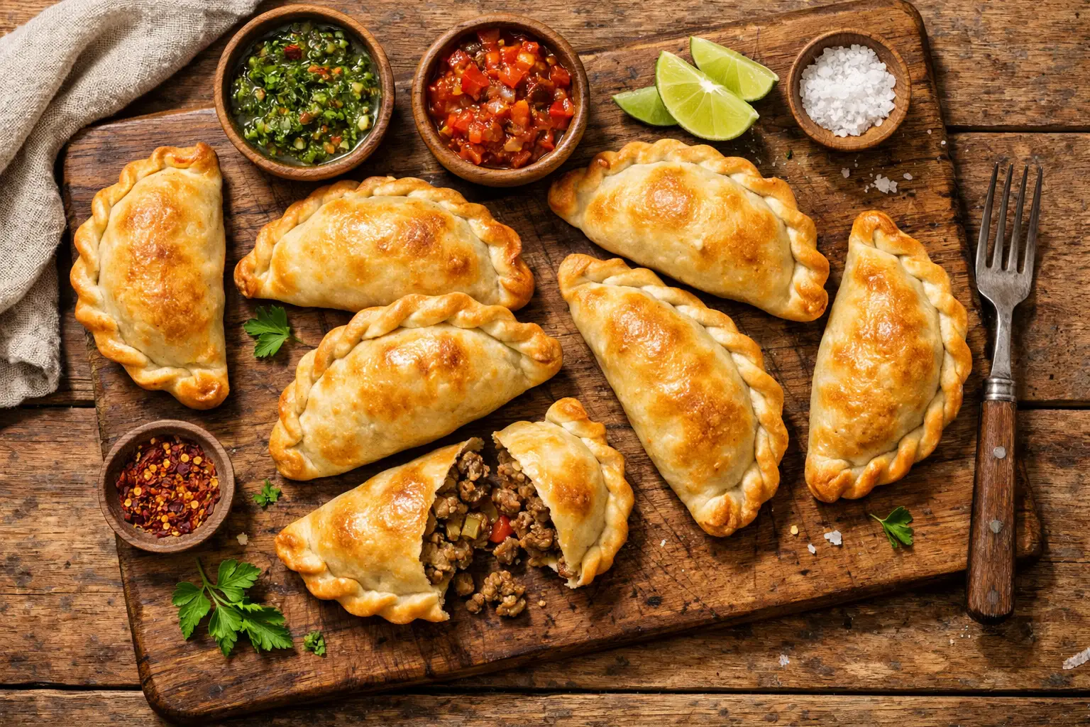 रस्टिक वुडन टेबल पर फ्रेश अर्जेंटीना बीफ एम्पनाडास - 220 कैलोरी प्रति एम्पनाडा