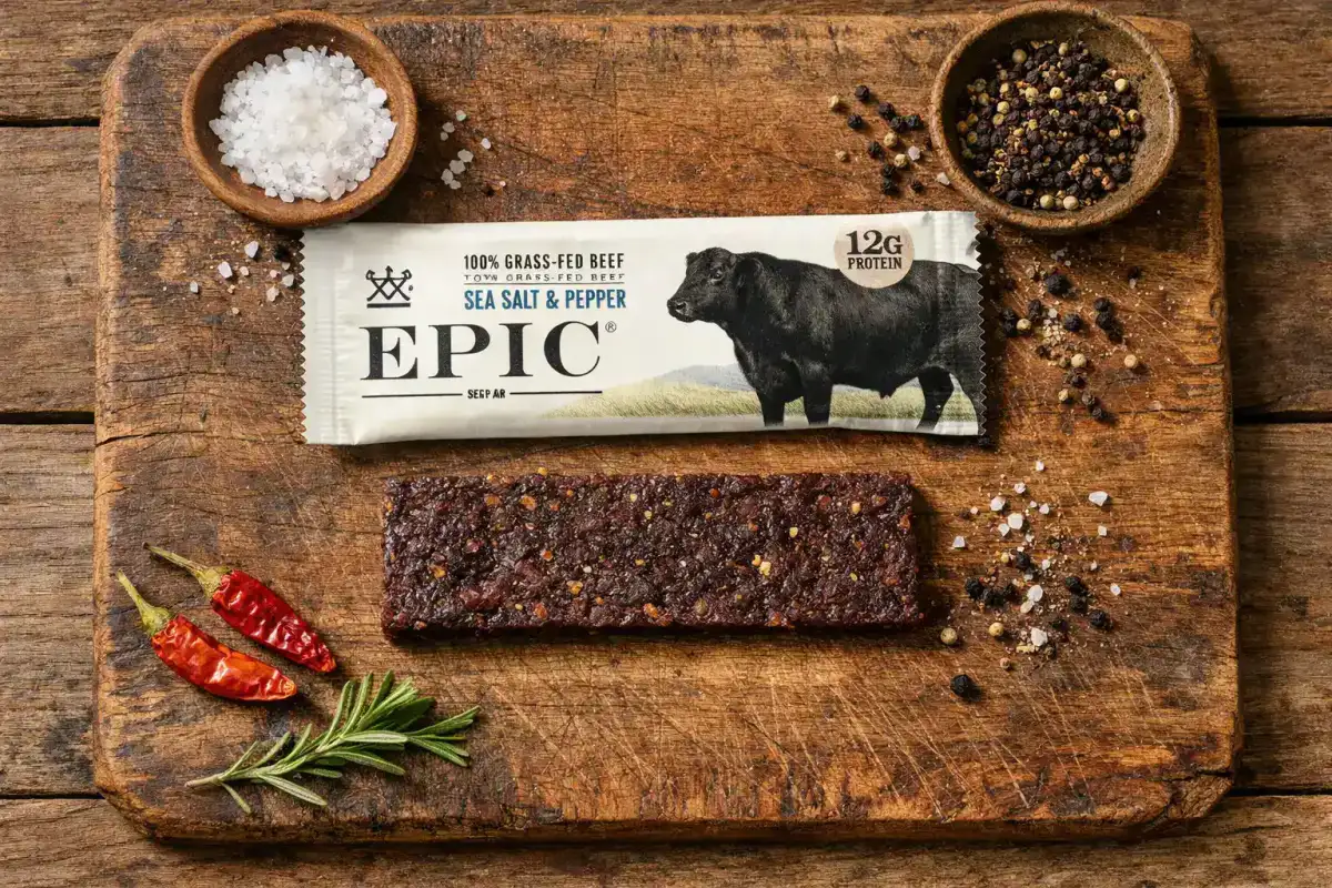 EPIC Beef Sea Salt Pepper Bar auf rustikalem Holztisch - 130 Kalorien pro Riegel