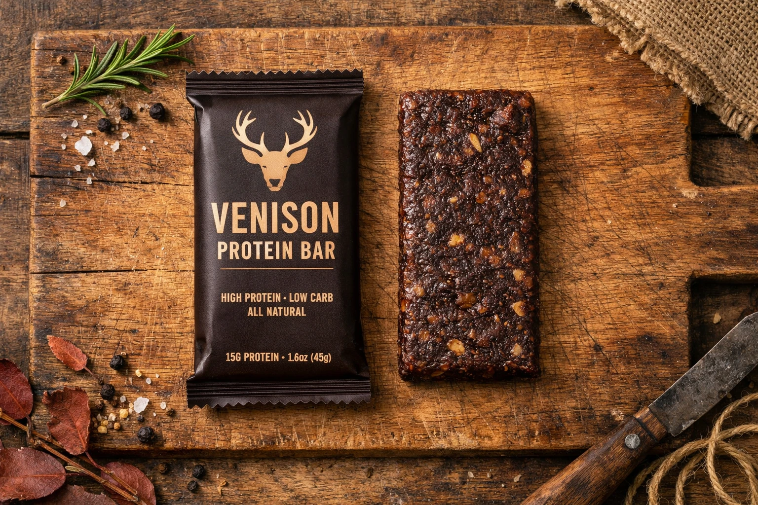 EPIC venison bar with sea salt and pepper seasoning on rustic wooden board - 170 calories per bar