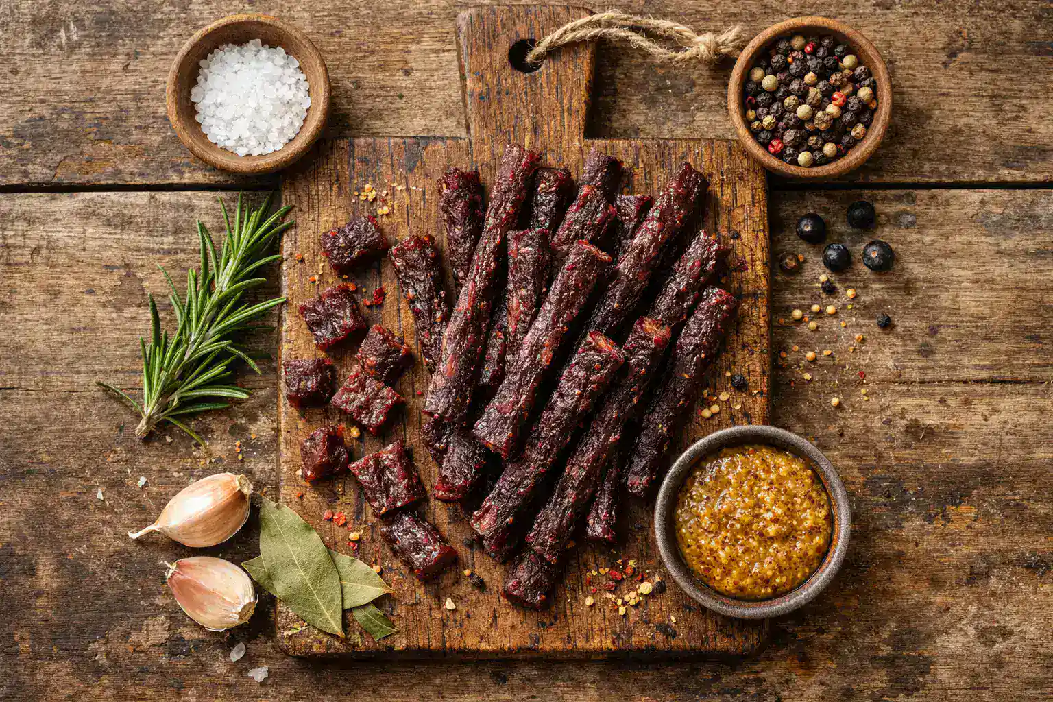 Barra de carne de venado fresca sobre mesa de madera rústica - 130 calorías por barra