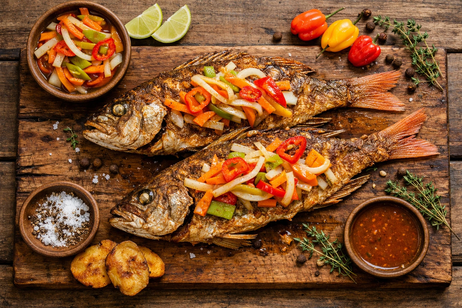 Fresh escovitch fish on rustic wooden table - 350 calories per serving