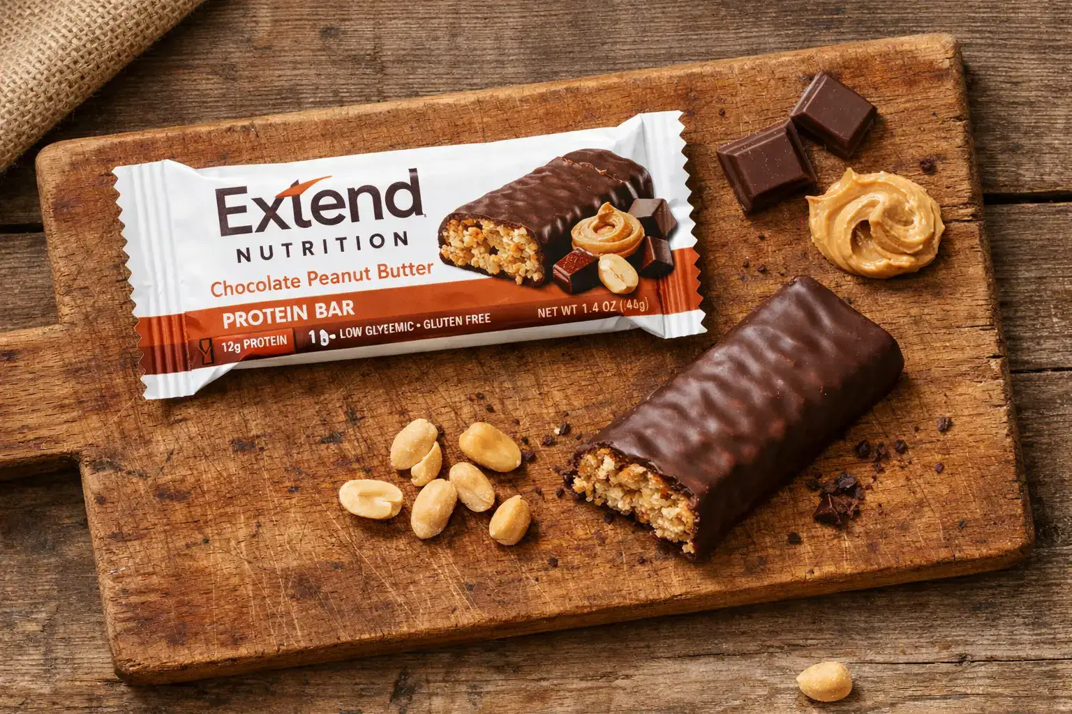 रस्टिक लकड़ी की टेबल पर Extend Nutrition Bar Chocolate Peanut Butter - प्रति बार 150 कैलोरी