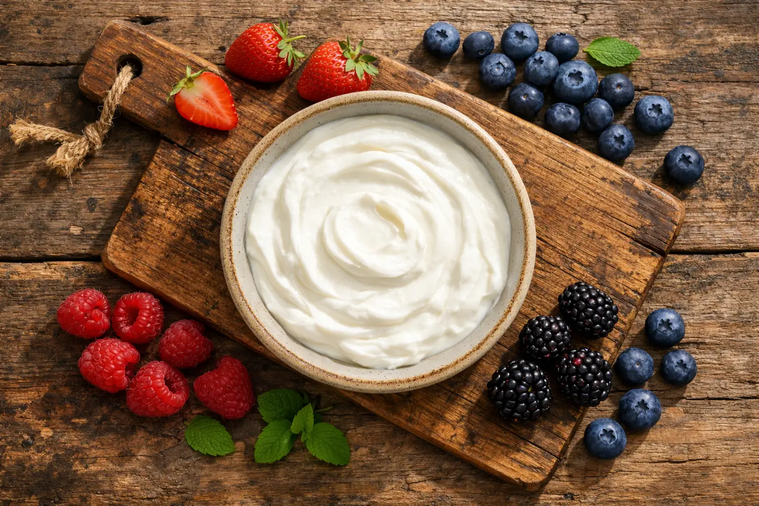 Yogur griego Fage Total 0% fresco en bol de cerámica sobre mesa de madera rústica - 90 calorías por porción