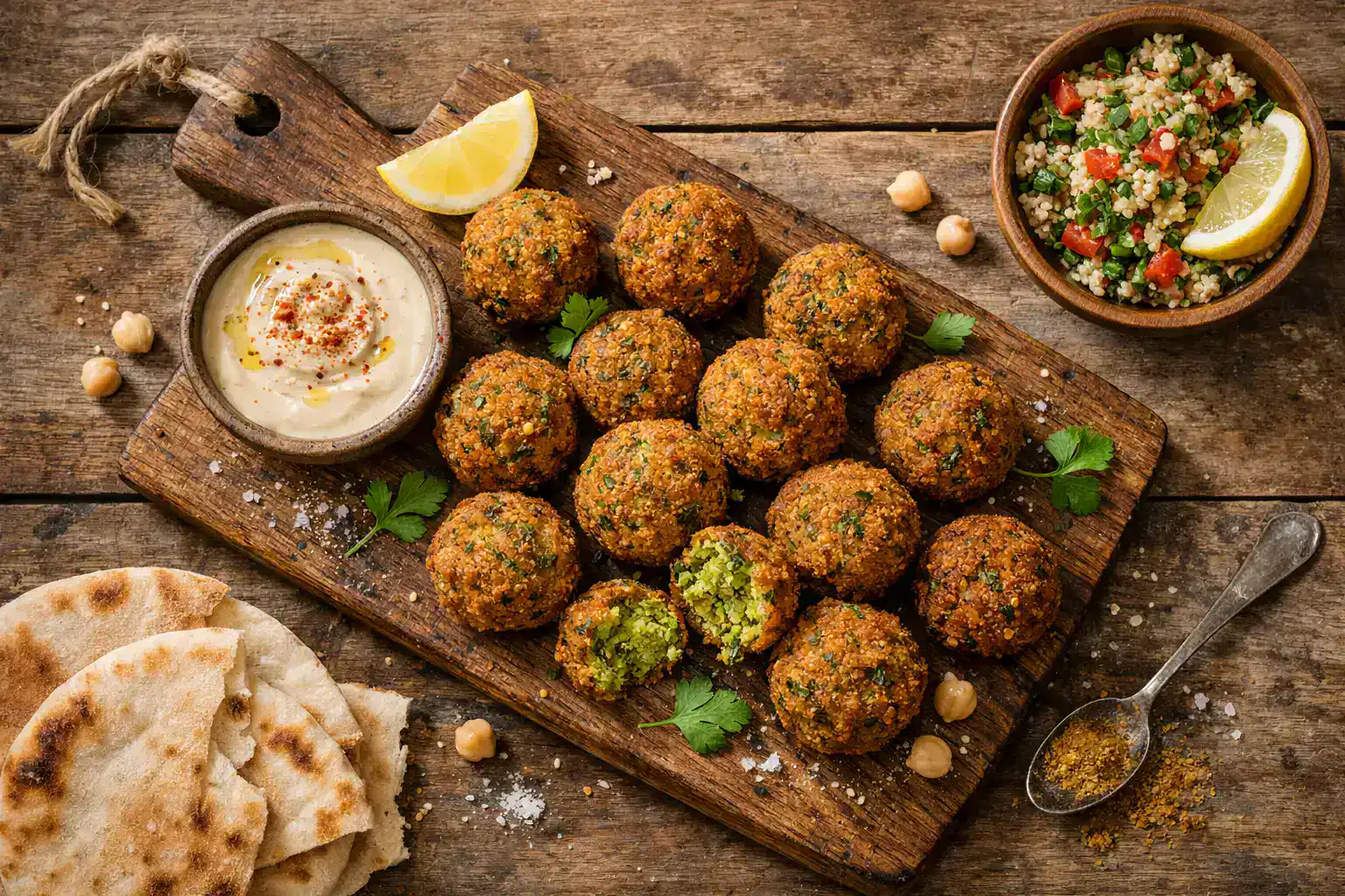 Falafel fresco sobre mesa de madera rústica - 330 calorías por 6 piezas