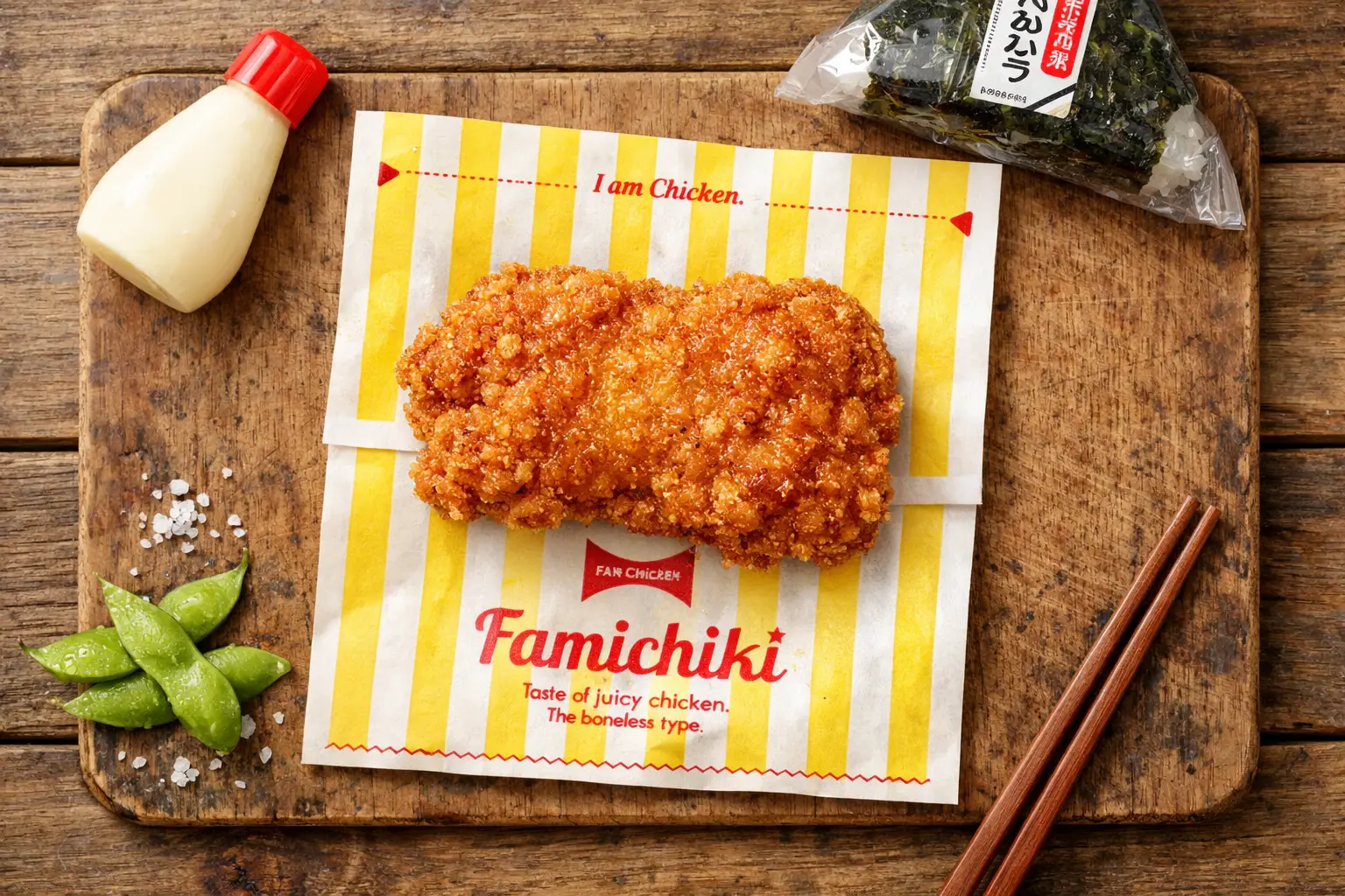 Famichiki poulet frit frais sur table en bois rustique - 252 calories par pièce