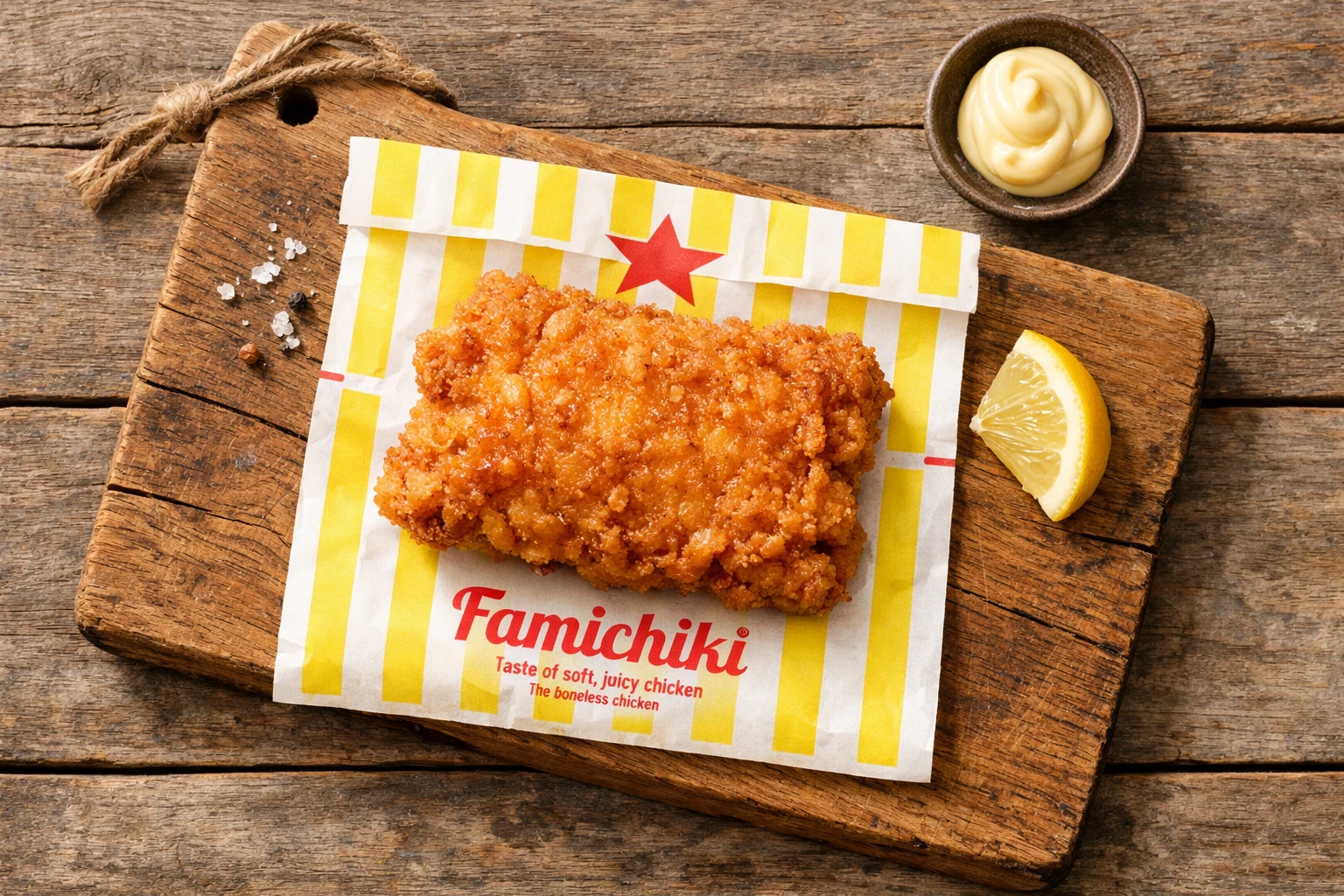 Fresh Famichiki fried chicken on rustic wooden table - 252 calories per piece