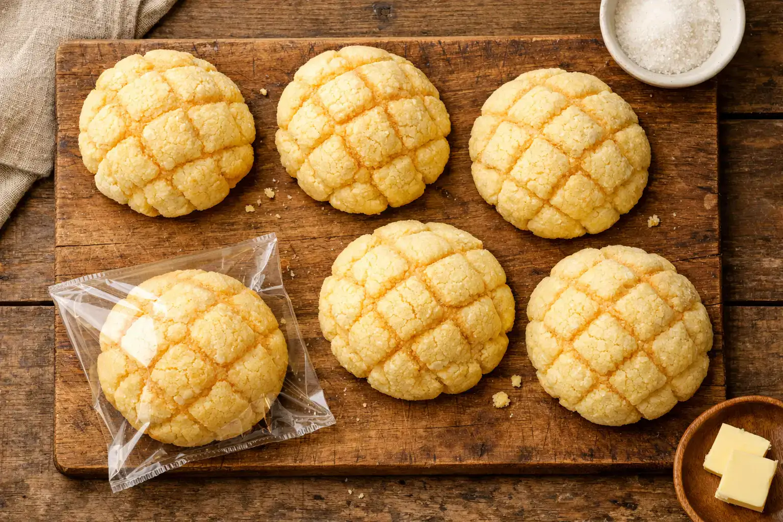 Fresh melon pan on rustic wooden table - 350 calories per bun