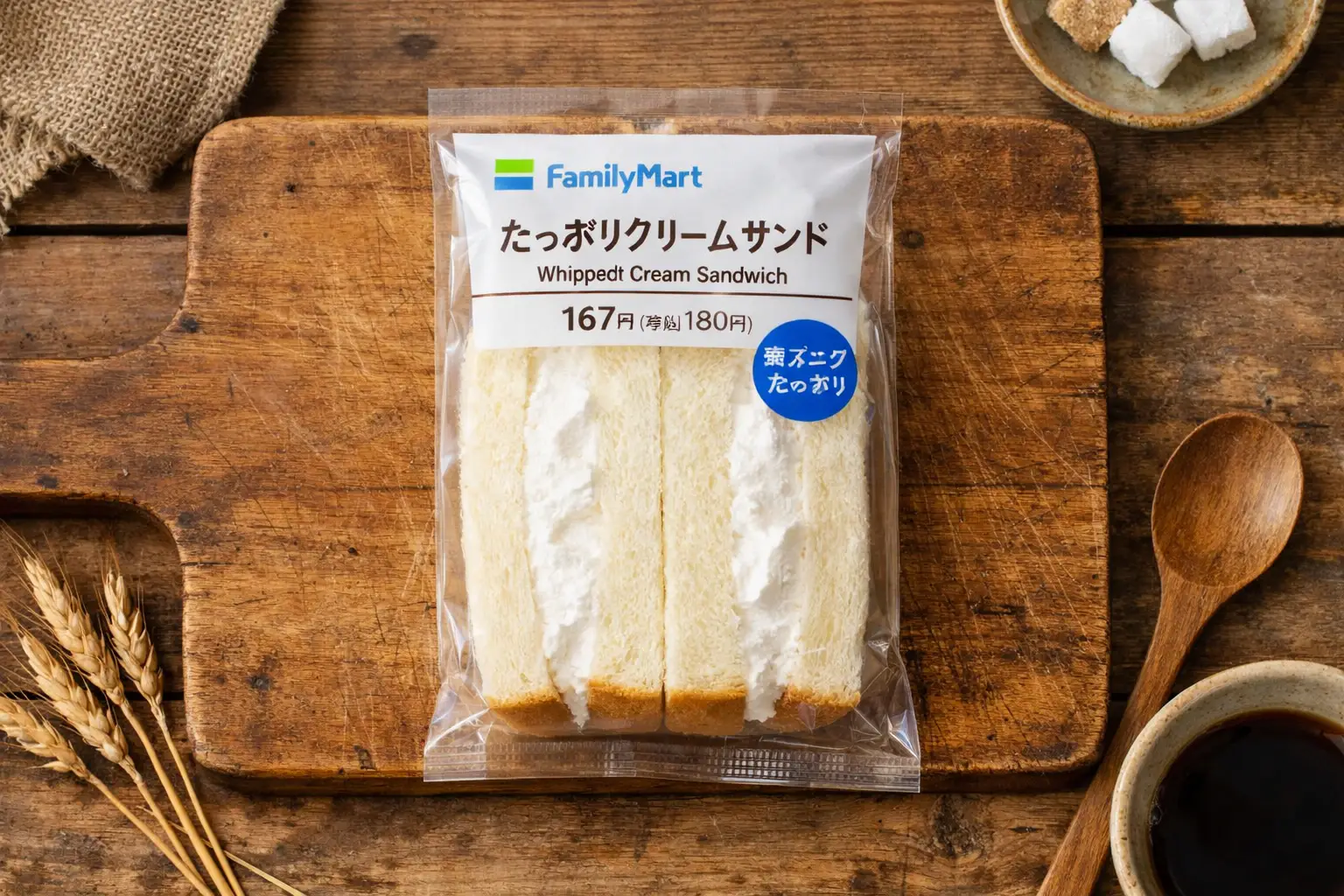 रस्टिक लकड़ी की टेबल पर फ्रेश FamilyMart व्हिप्ड क्रीम सैंडविच - 280 कैलोरी प्रति सैंडविच