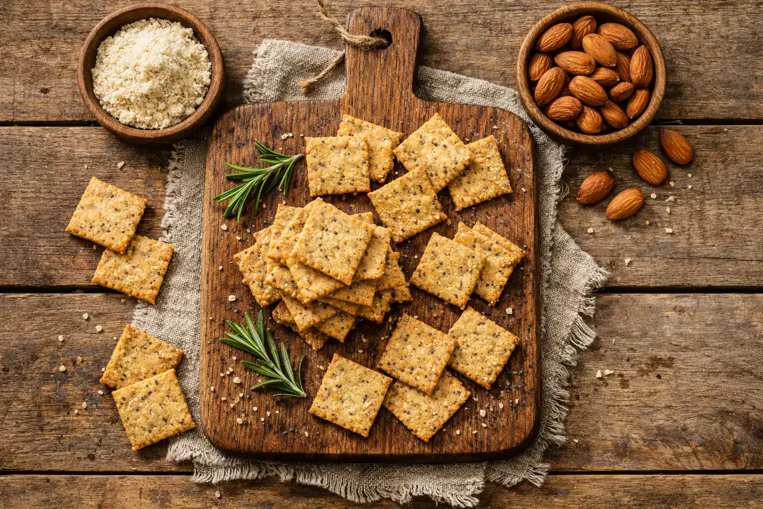 Fresh almond flour crackers on rustic wooden table - 90 calories per serving