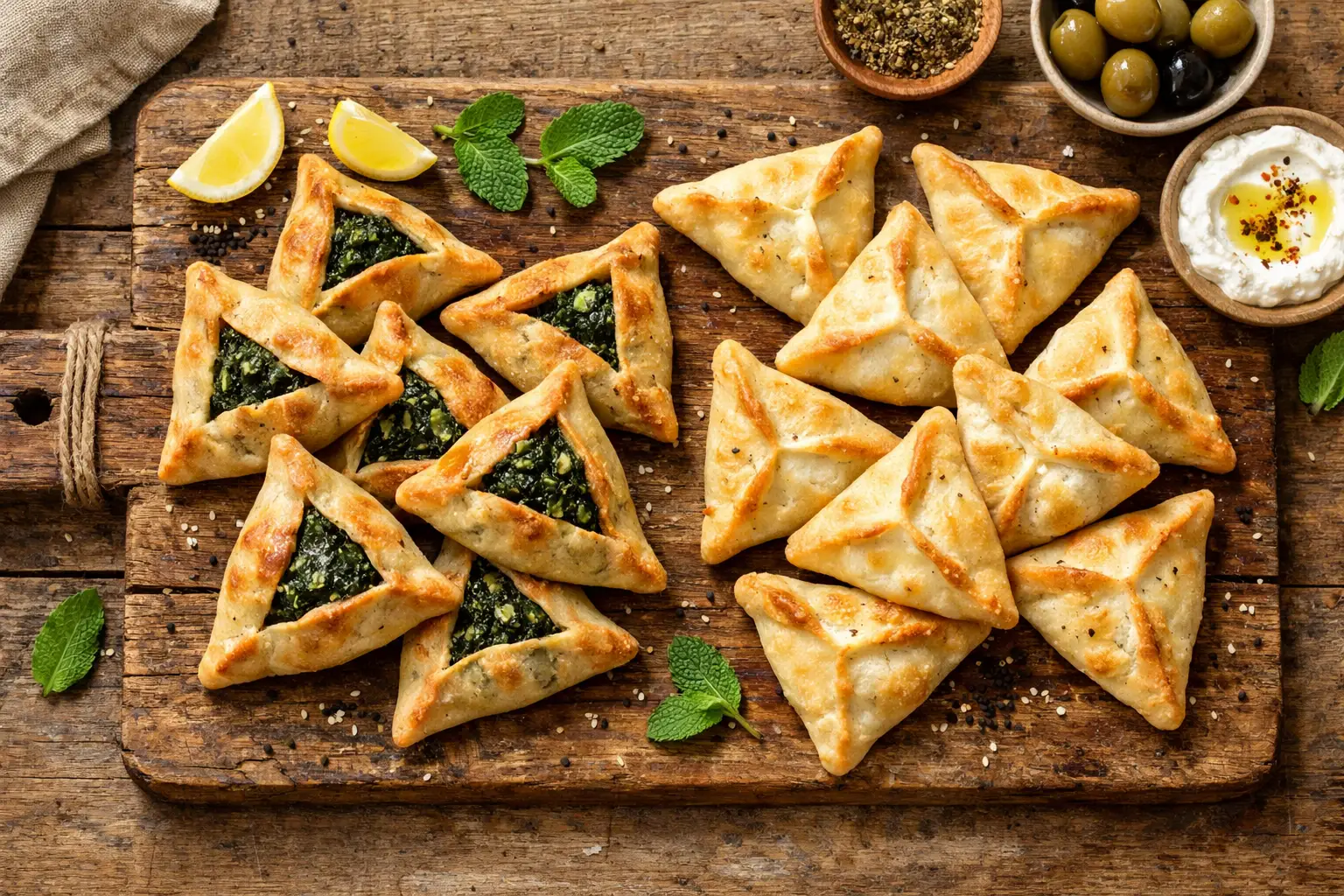 Fatayer frescos en mesa de madera rústica - 100-140 calorías por pieza