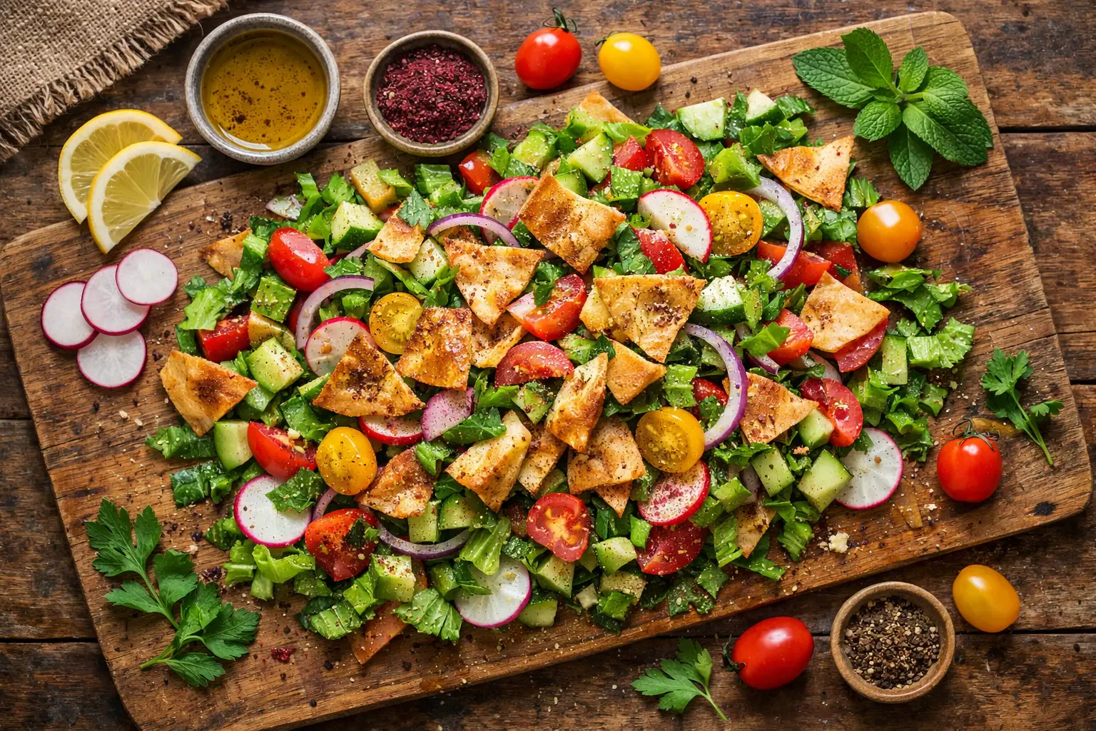 Salade fattoush fraîche avec légumes colorés sur table rustique en bois - 180 calories par portion