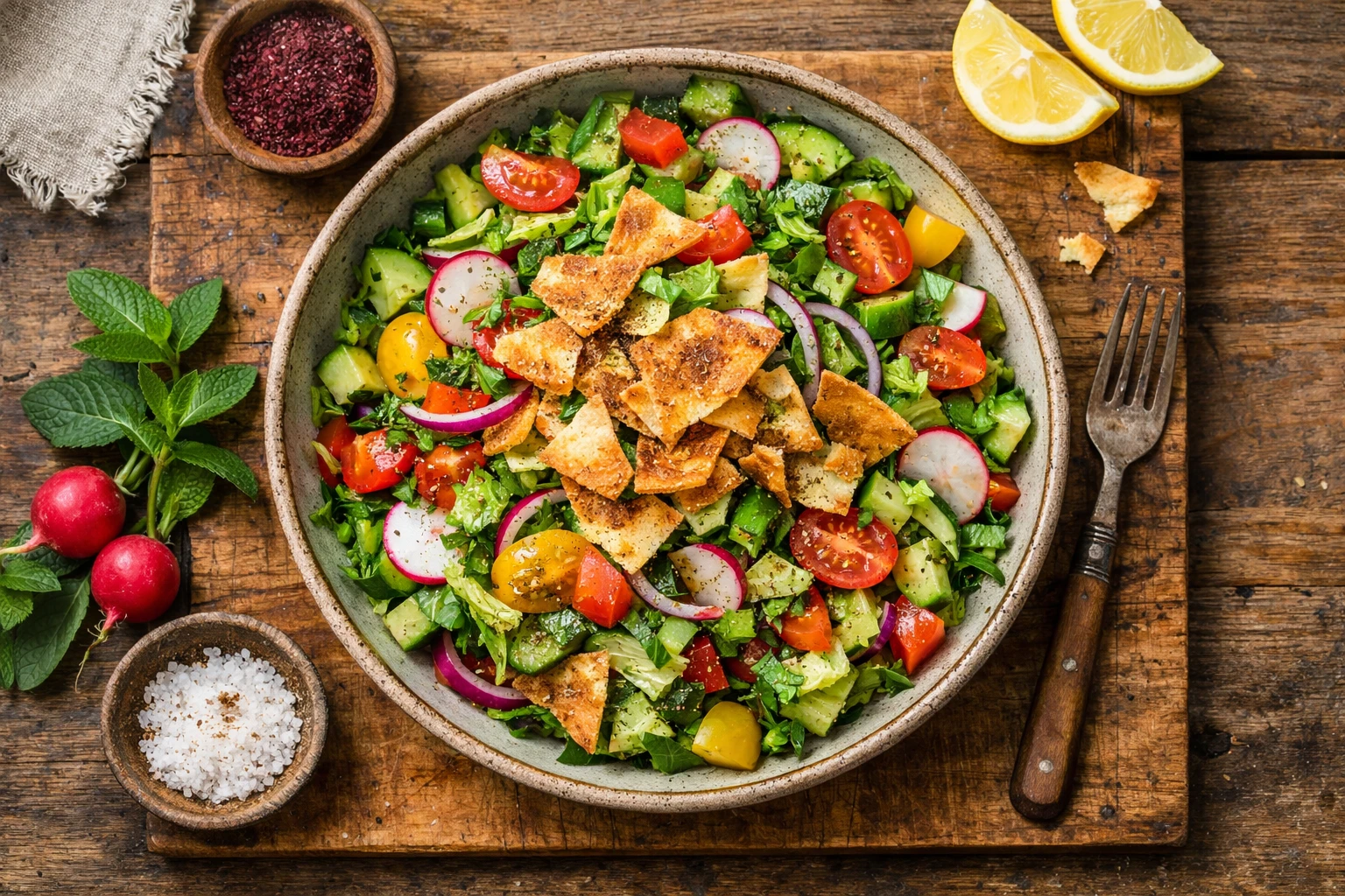 Frischer Fattoush-Salat auf rustikalem Holztisch - 180 Kalorien pro Tasse