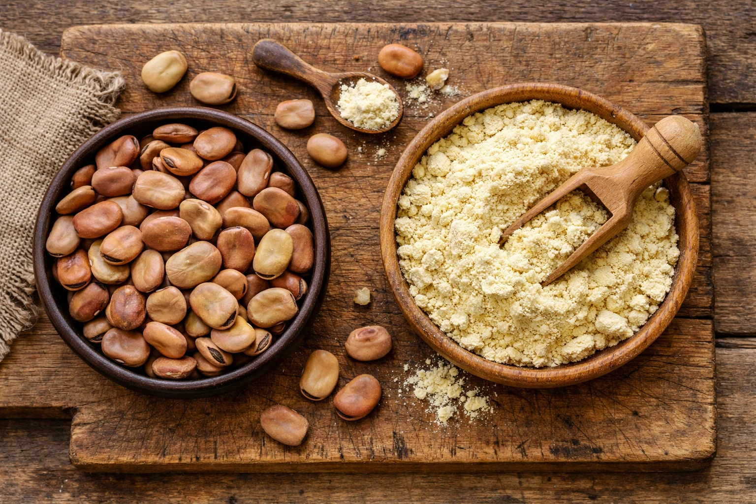 Getrocknete Ackerbohnen und gemahlenes Ackerbohnenmehl auf Holzbrett - 26 g Protein pro 100 g