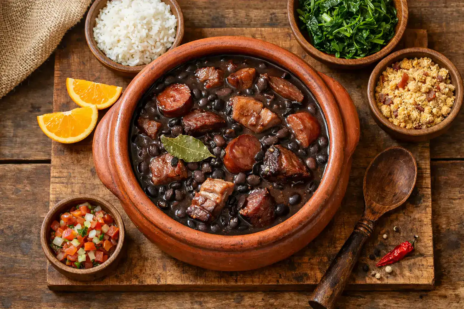 फ्रेश फेजोआडा ब्राज़ीलियन ब्लैक बीन स्टू रस्टिक वुडन टेबल पर - 400g सर्विंग में 600 कैलोरी