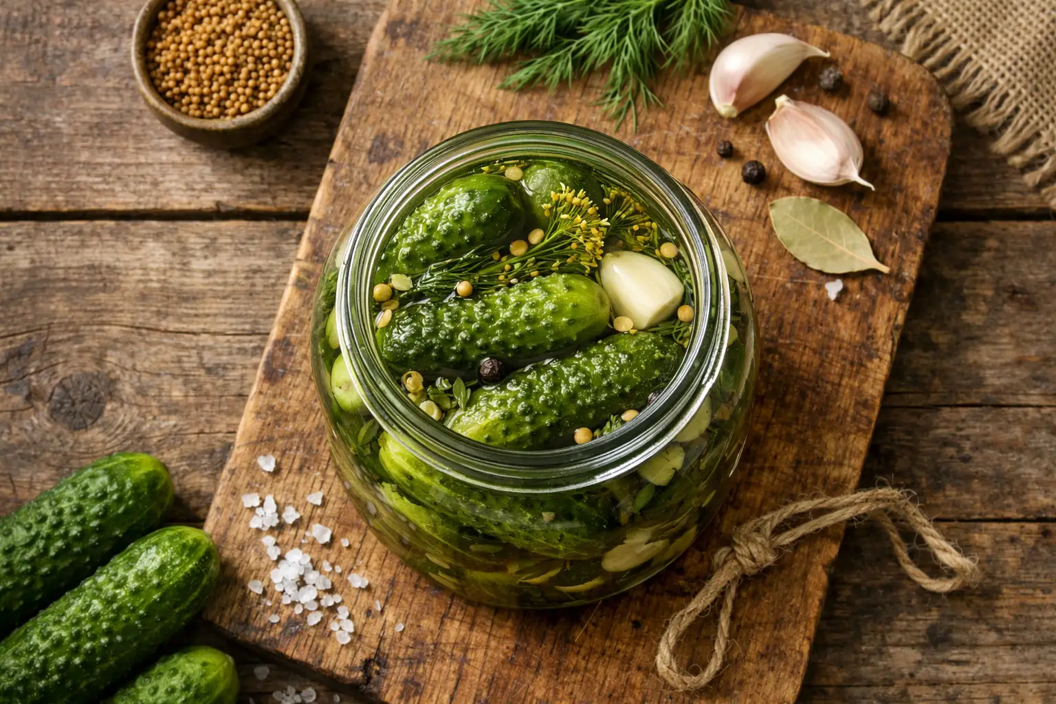 Fresh fermented cucumber pickles in glass jar on rustic wooden table - 11 calories per 100g