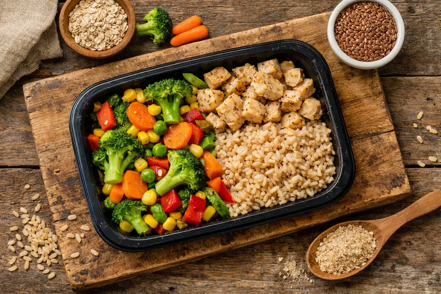 Comida congelada fortificada con fibra fresca sobre mesa de madera rústica - 300 calorías por comida