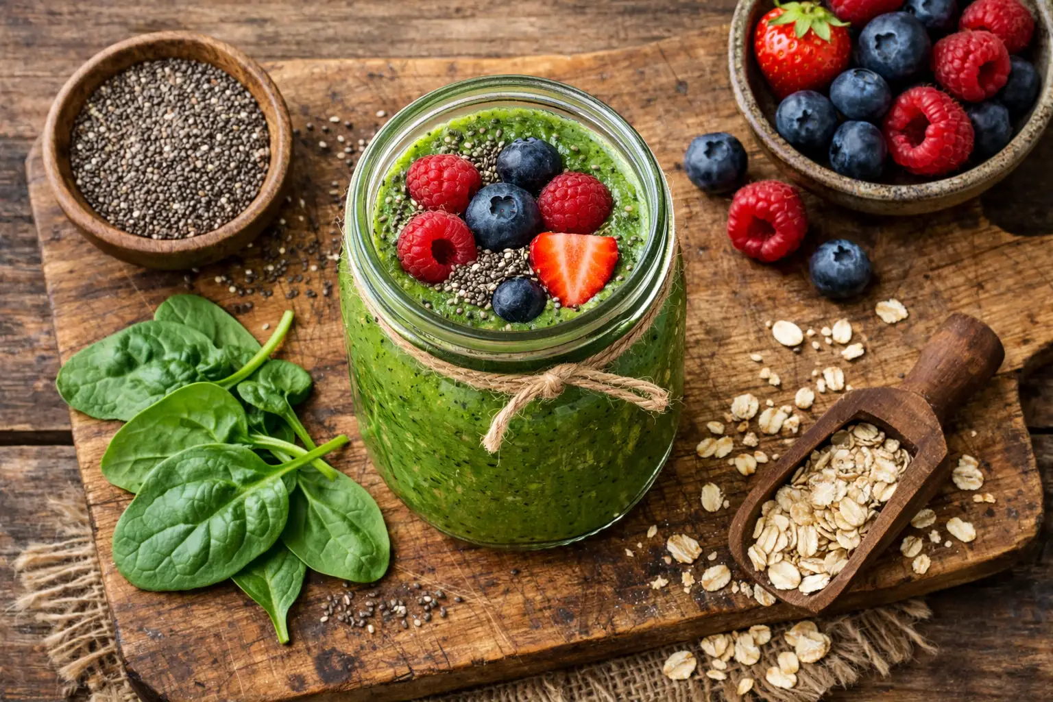 Fresh fiber-fortified smoothie on rustic wooden table - 150 calories per 12oz serving