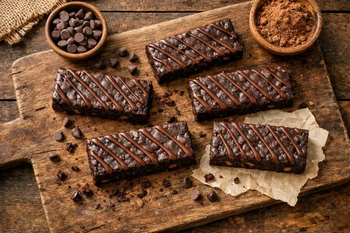 Fresh Fiber One chocolate fudge brownie on rustic wooden table - 90 calories per brownie