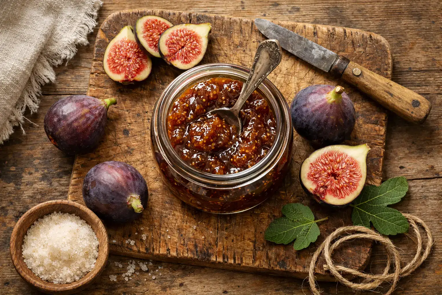 Confiture de figues fraîche sur une table en bois rustique - 50 calories par cuillère à soupe