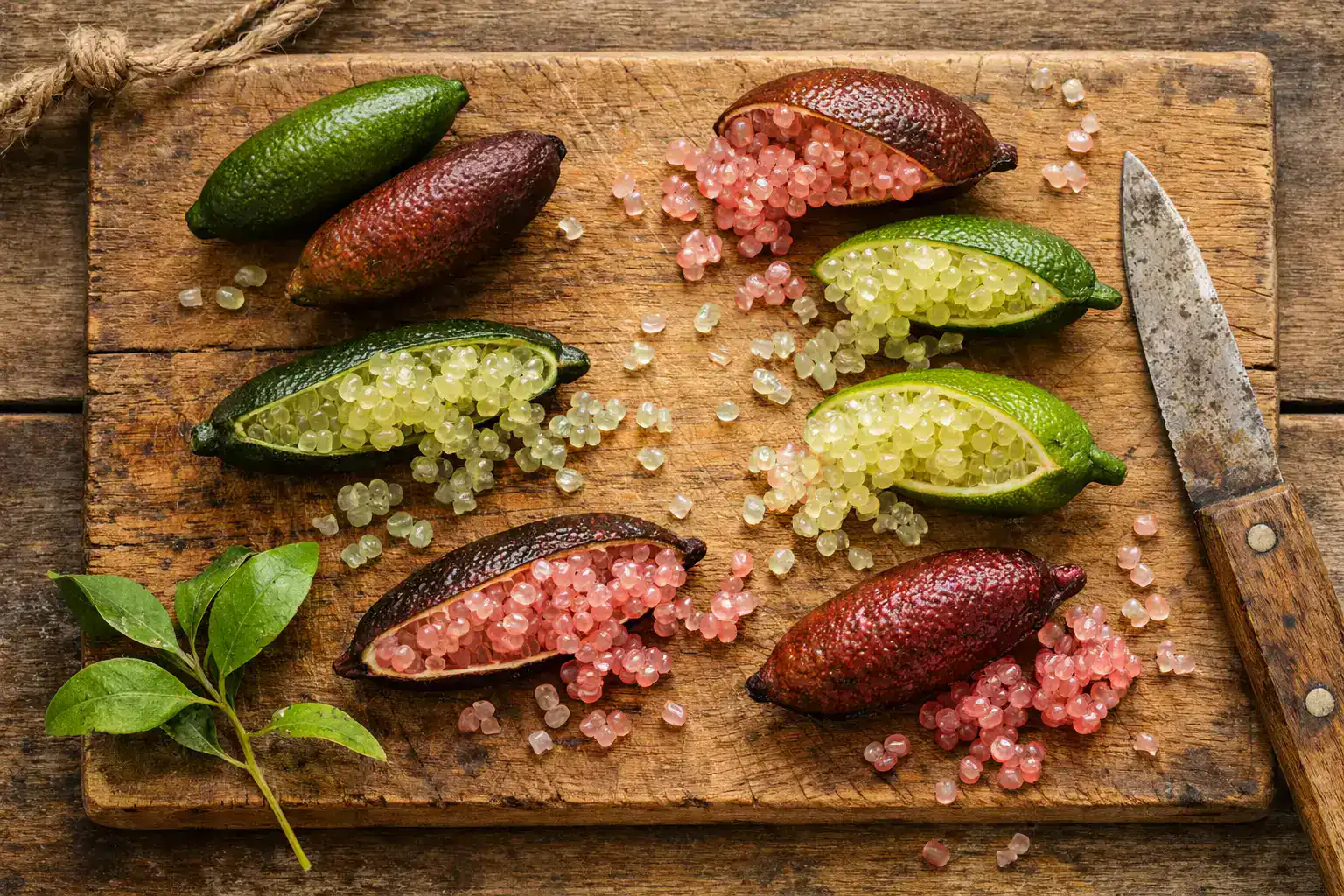 Caviar de lima dedo fresco sobre mesa de madera rústica - 30 calorías por 100 g