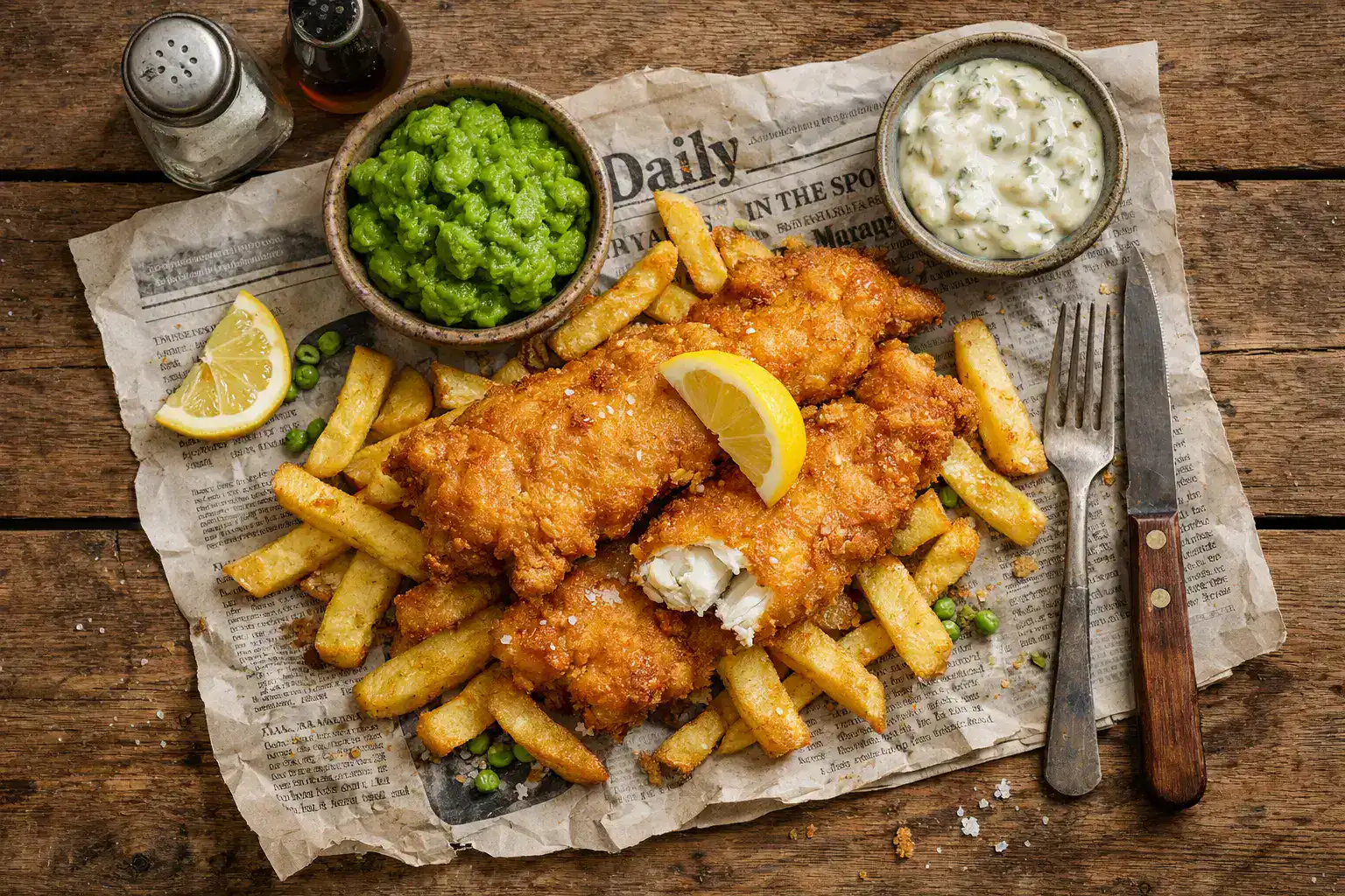 Frisches Fish and Chips auf rustikalem Holztisch - 850 Kalorien pro Standardportion