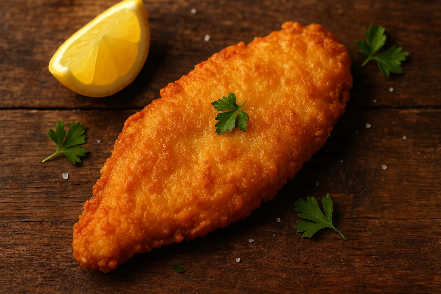 Poisson frit frais sur table en bois rustique - 270 calories pour 100 g