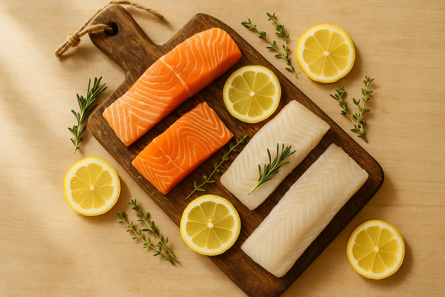 लकड़ी के बोर्ड पर नींबू के साथ ताज़ी मछली की फिलेट - 100 ग्राम सर्विंग में 200 कैलोरी