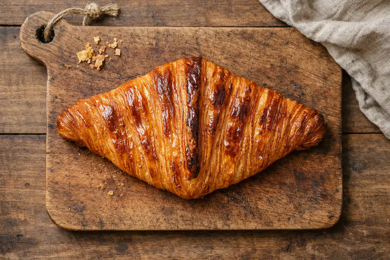 Fresh flat croissant on rustic wooden table - 260 calories per piece