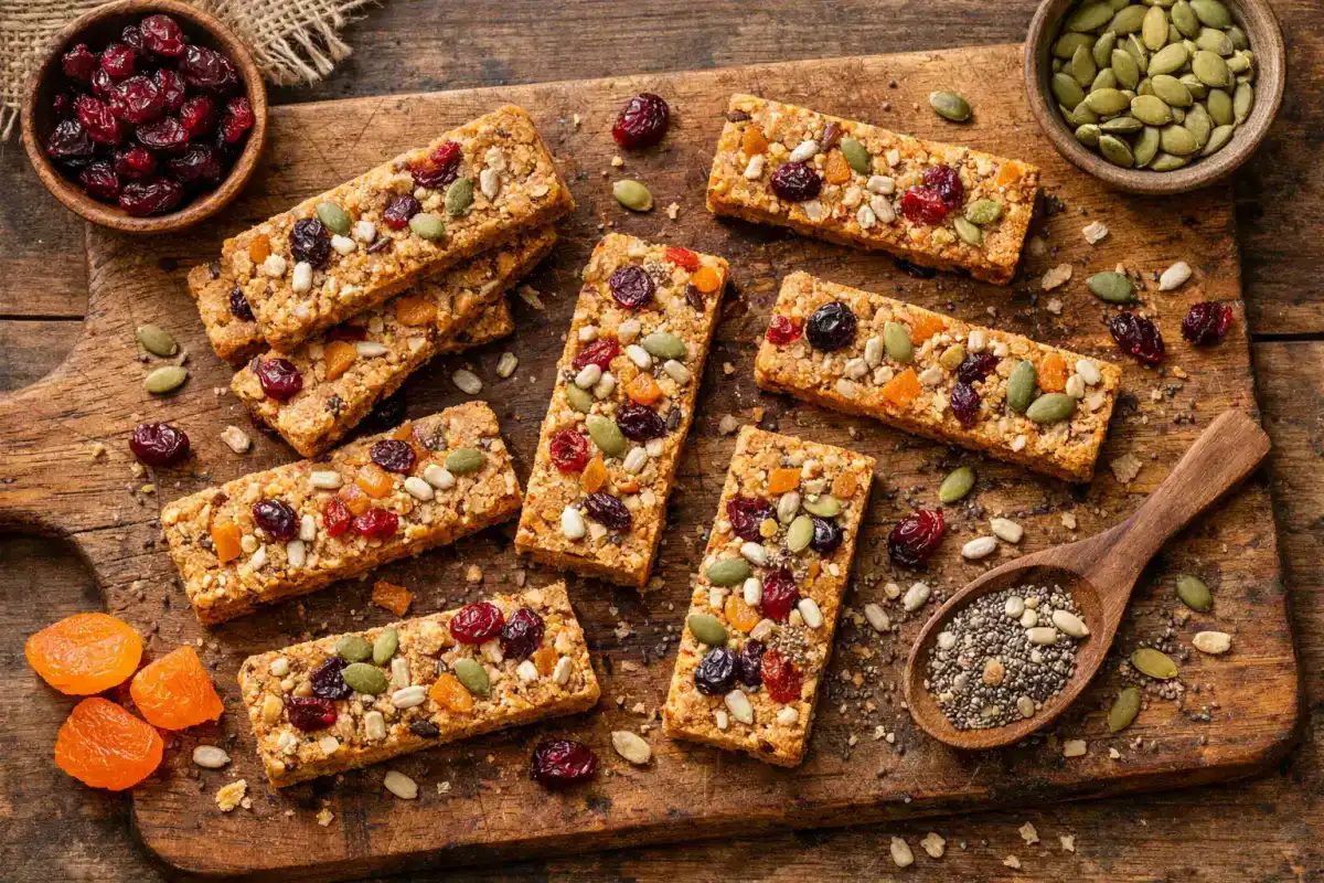 Fresh fiber snack bars on rustic wooden table - 140 calories per bar
