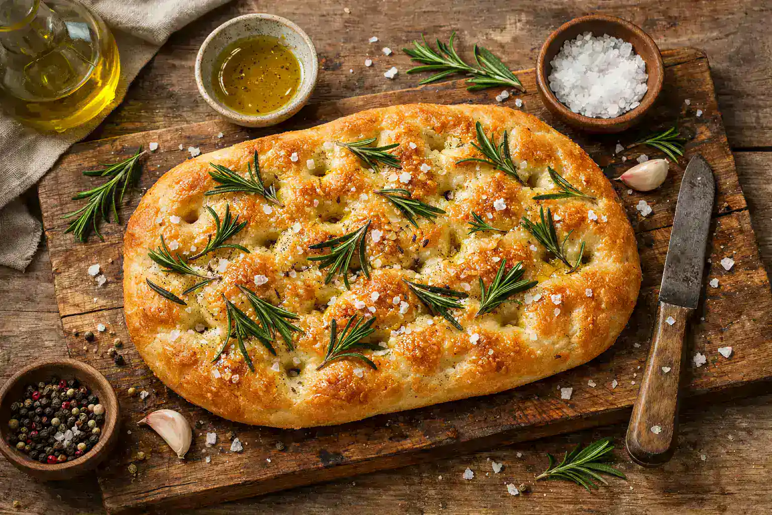 Fresh focaccia bread on rustic wooden table - 270 calories per 100g