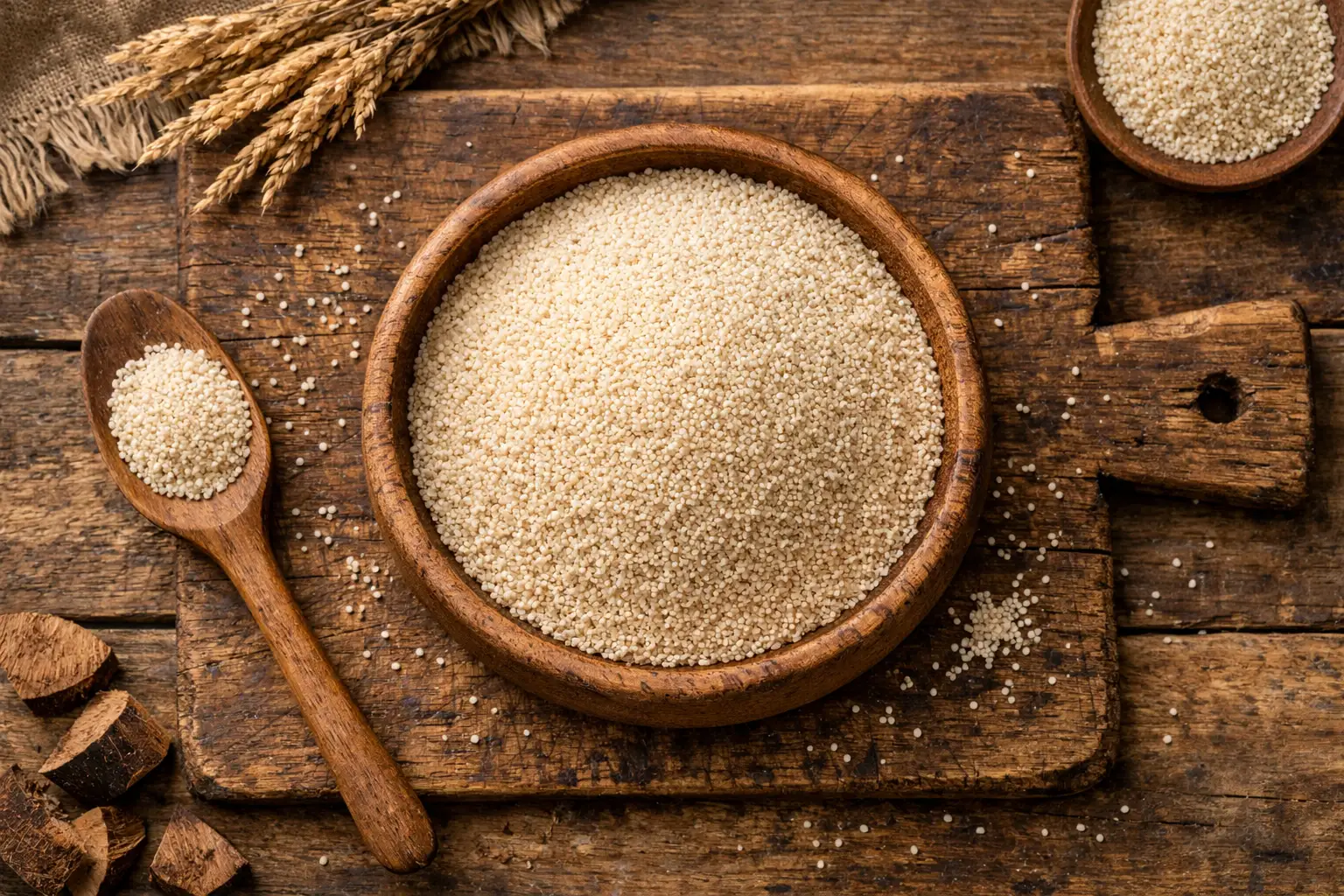 Fresh fonio grain on rustic wooden table - 170 calories per serving