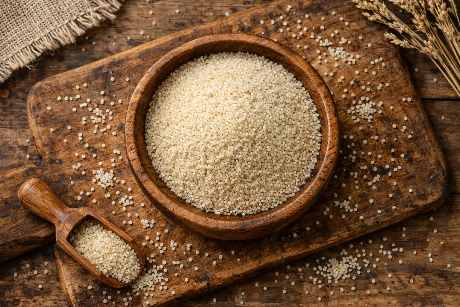 Grains de fonio frais sur table en bois rustique - 170 calories par portion