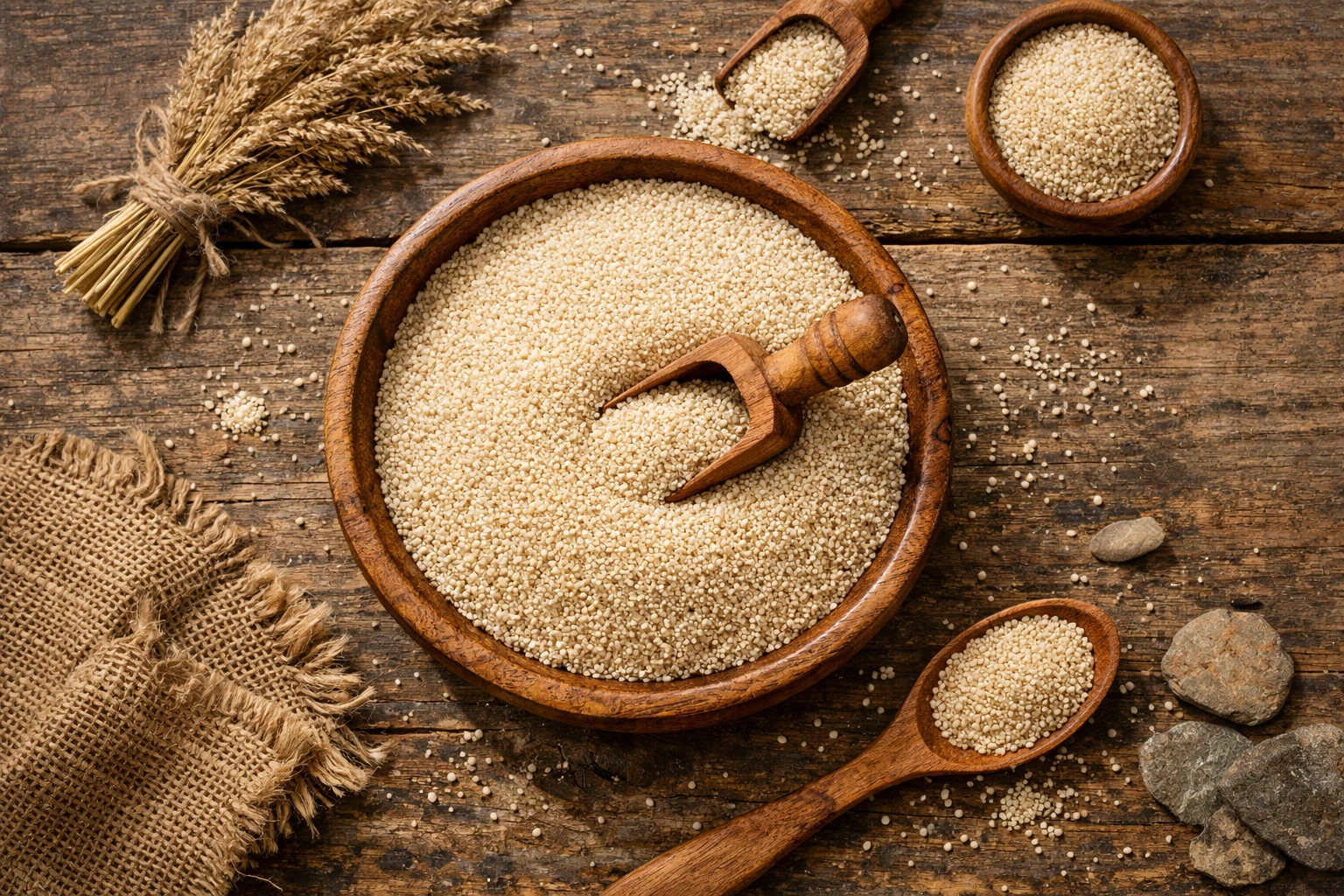 Fresh fonio grain in wooden bowl on rustic table - 350 calories per 100g dry