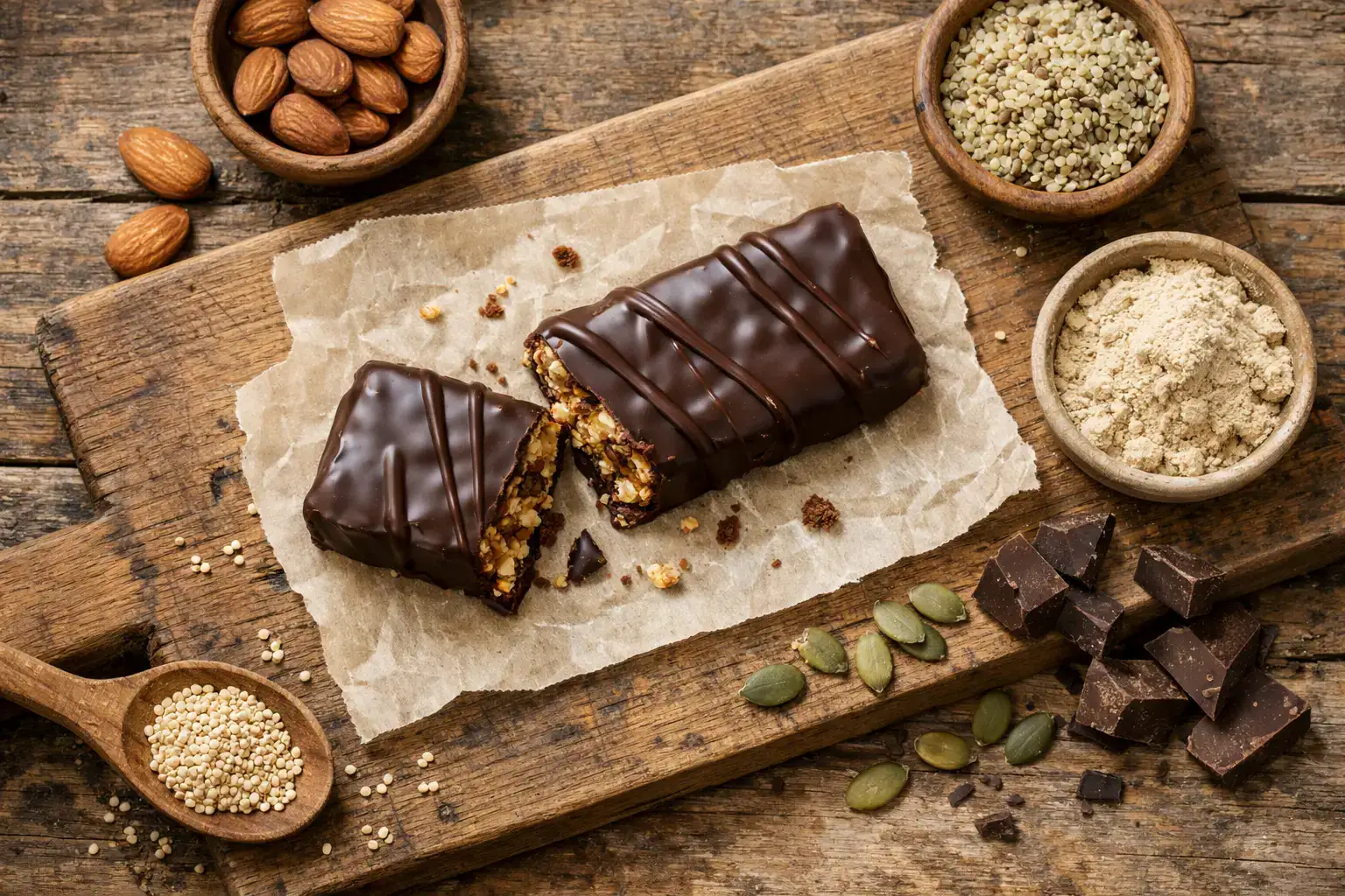 Barre protéinée végétale fraîche sur table en bois rustique - 180 calories par barre