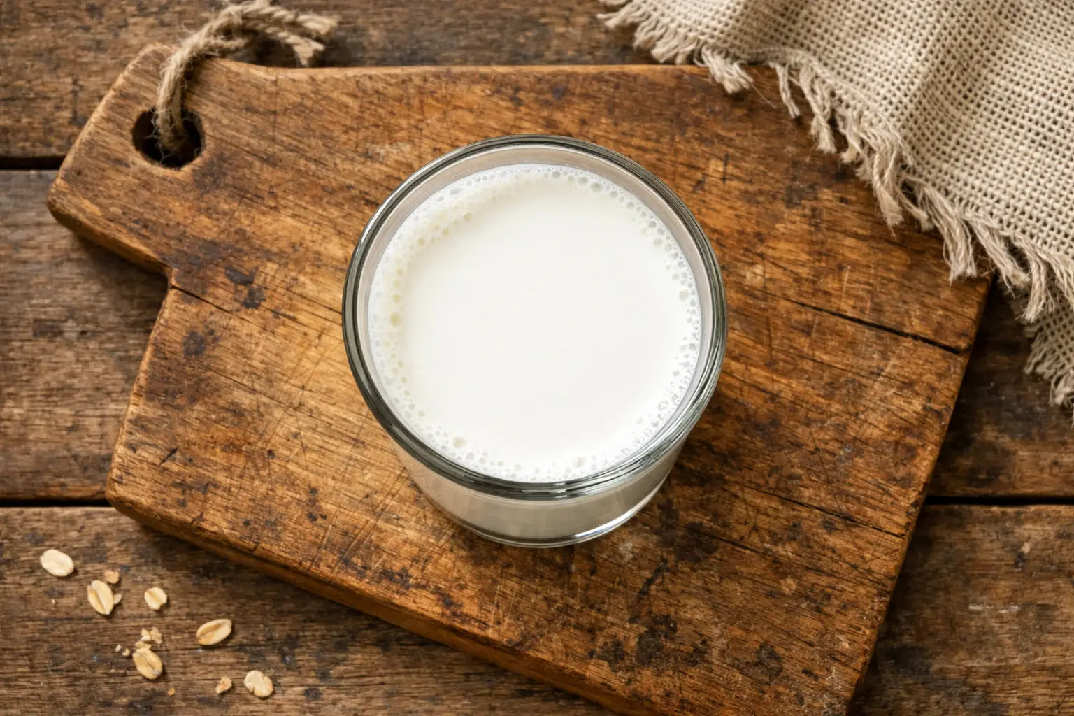 Lait enrichi frais sur table en bois rustique - 61 calories pour 100 ml