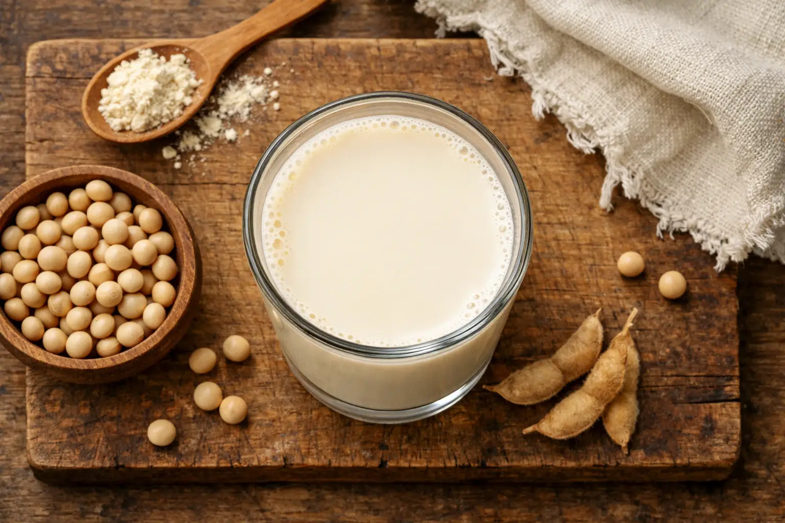 Frische angereichte Sojamilch im Glas auf rustikalem Holztisch – 54 Kalorien pro 100 ml