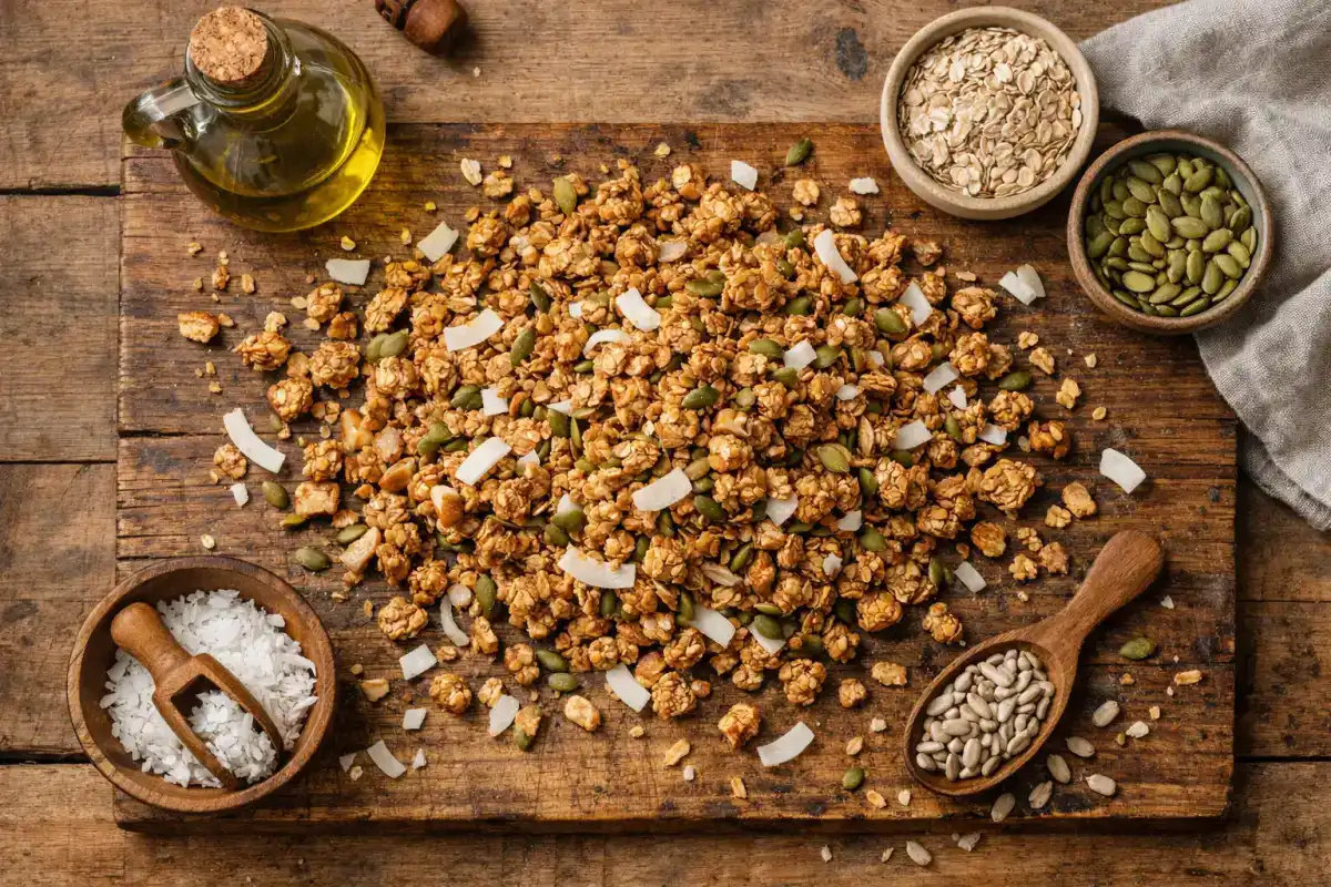 Granola frais à l'huile d'olive sur une table en bois rustique - 140 calories par quart de tasse