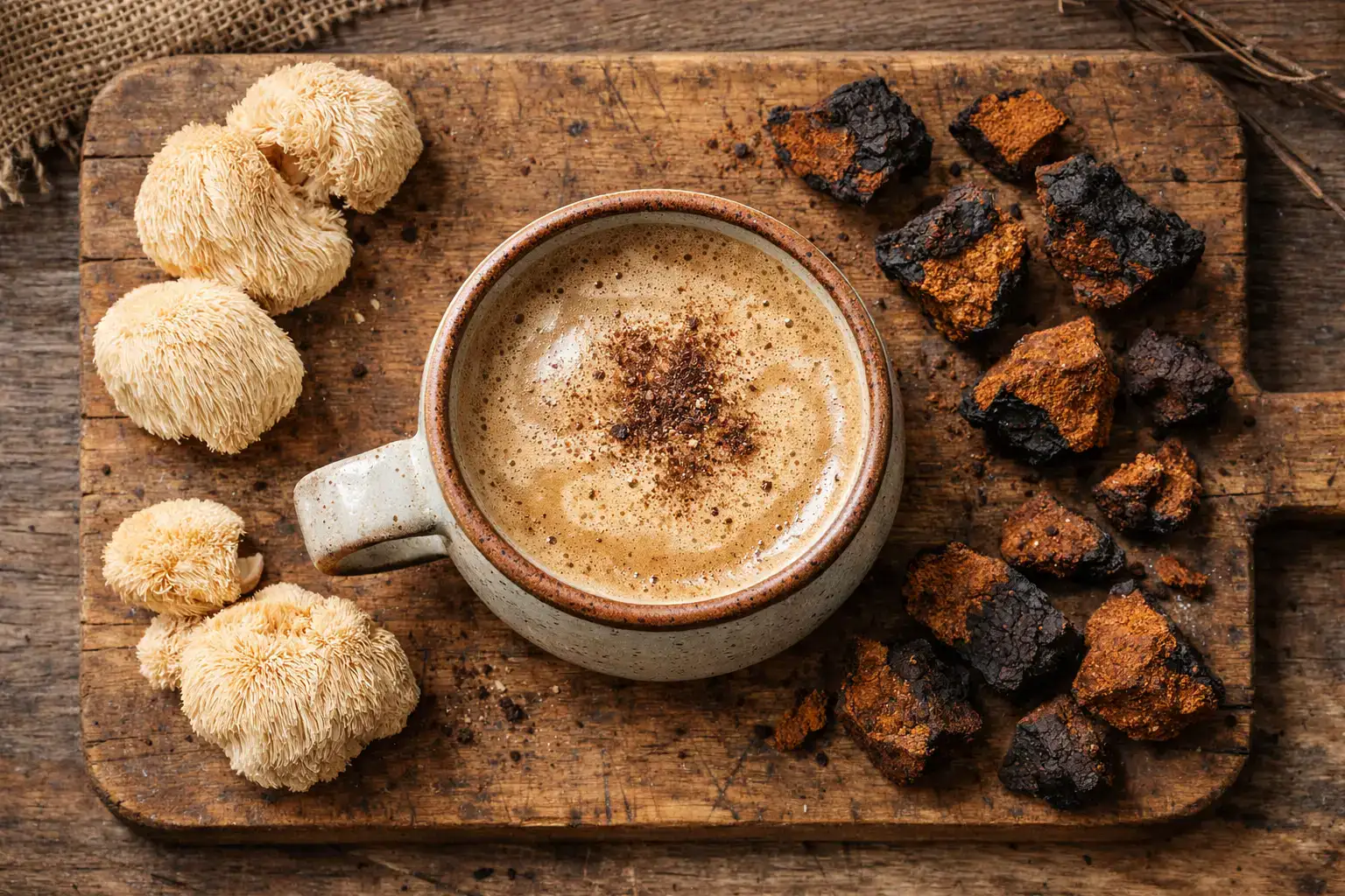 Fresh mushroom coffee on rustic wooden table - 5 calories per serving