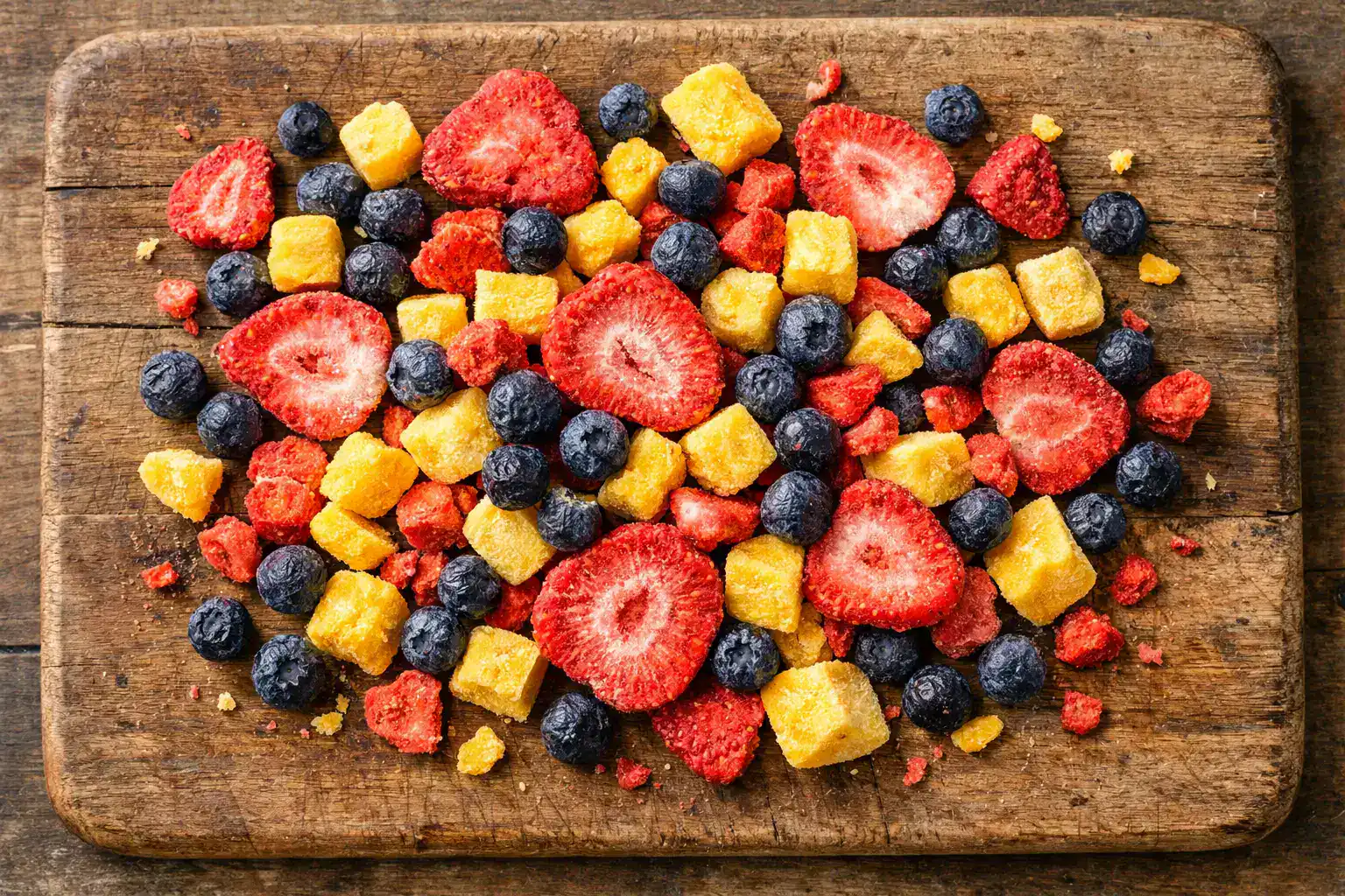 Snack de fruits lyophilisés frais sur une table en bois rustique - 60 calories pour 15 g