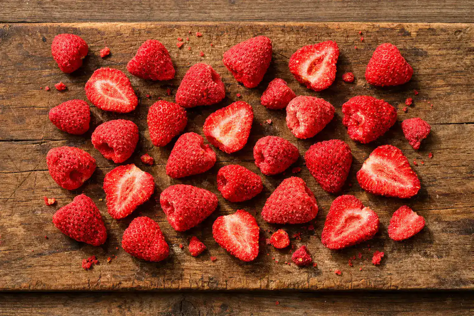 Frische gefriergetrocknete Erdbeeren auf rustikalem Holztisch - 36 Kalorien pro 10 g Portion