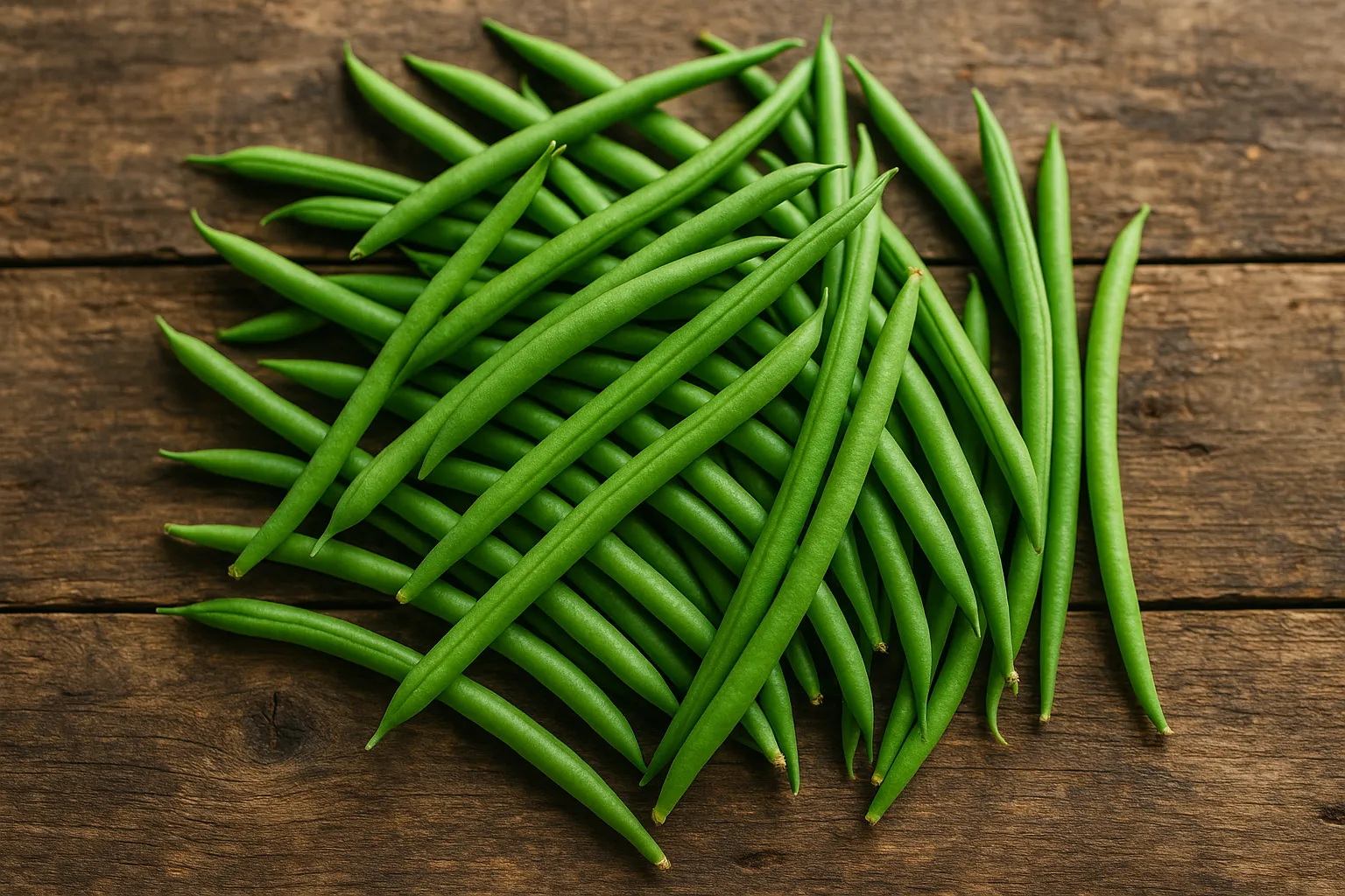 Fresh green french beans on rustic wooden table - 31 calories per 100g
